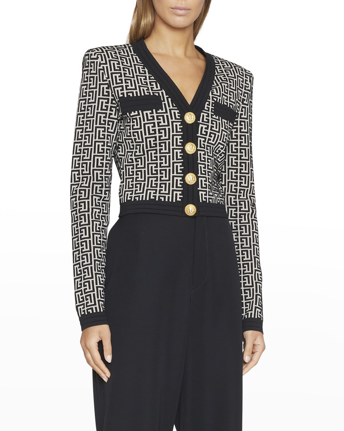 Balmain Monogram Jacquard Crop Wool Blend Cardigan In Ivory / Black