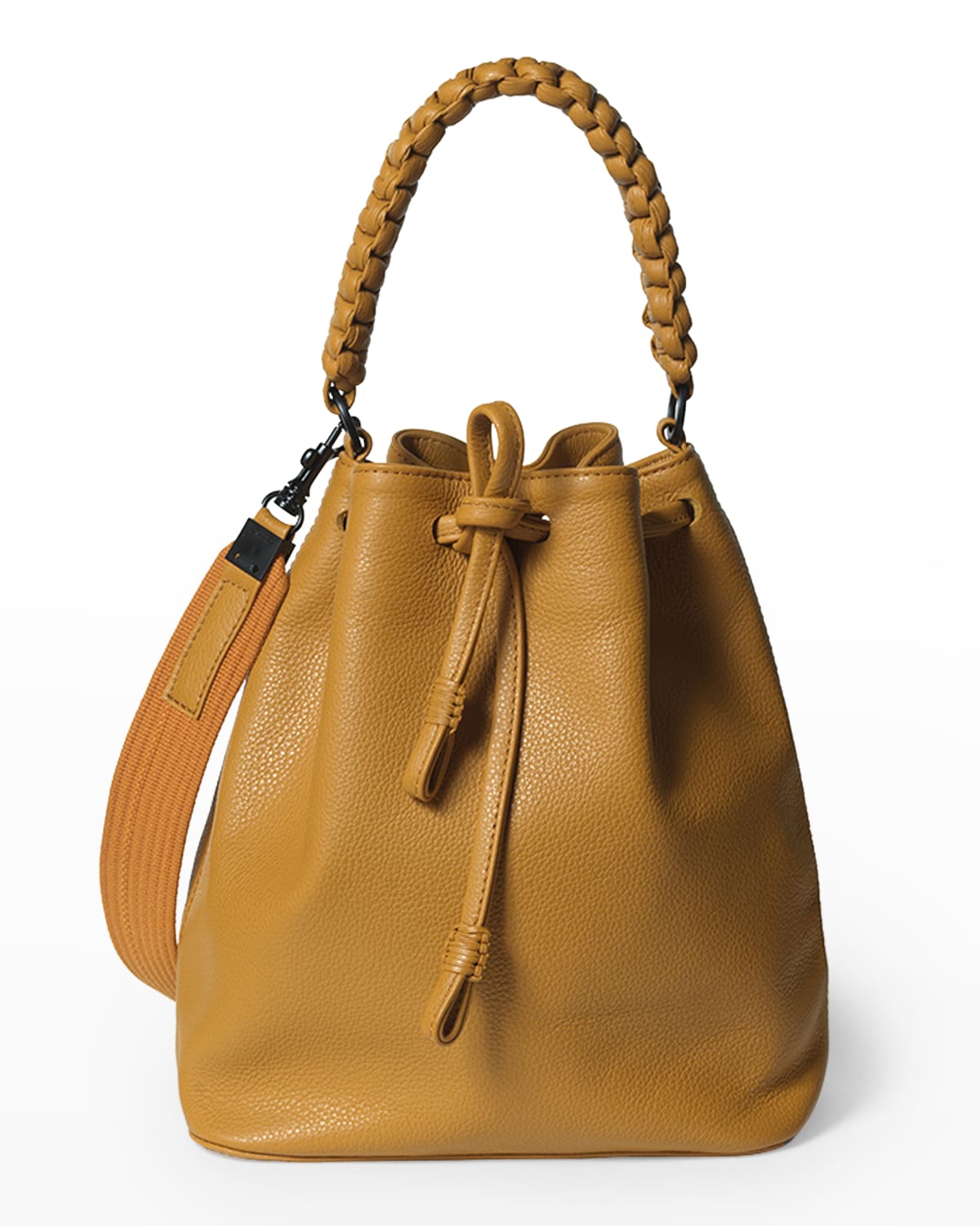 Drawstring Grained Leather Bucket Bag