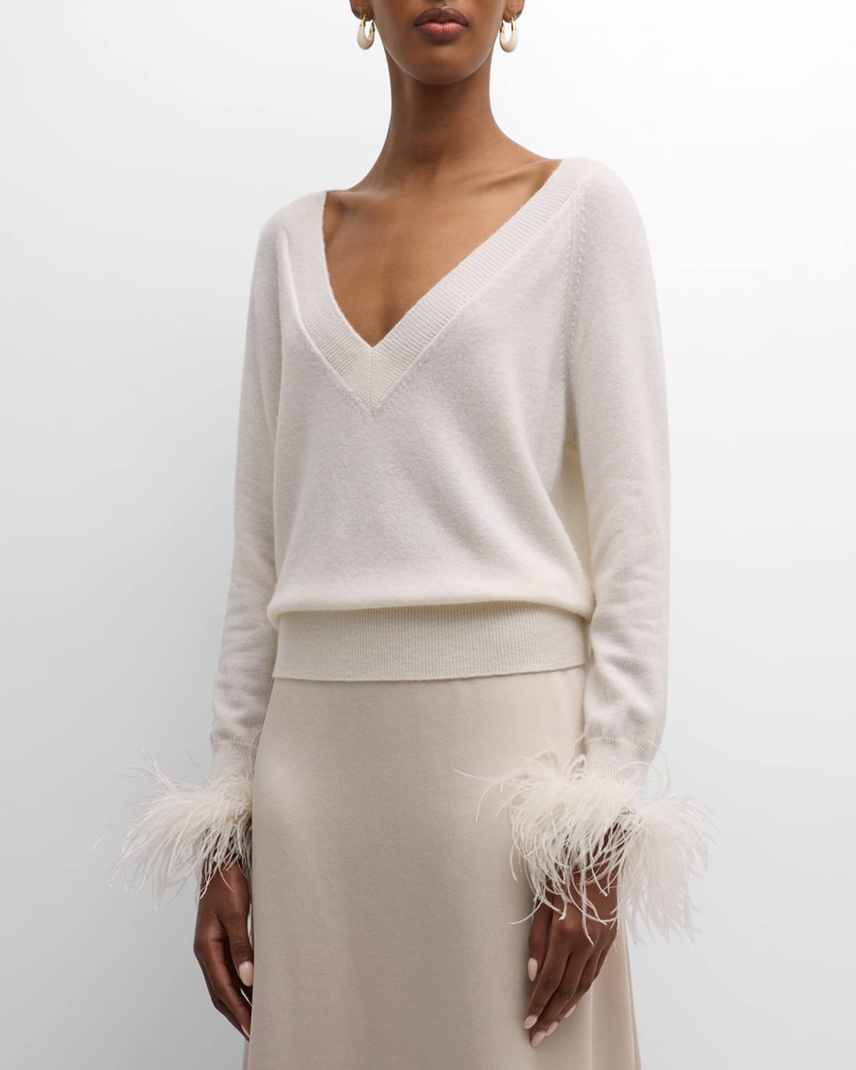 Milly Feather Cuff Sweater In Ecru