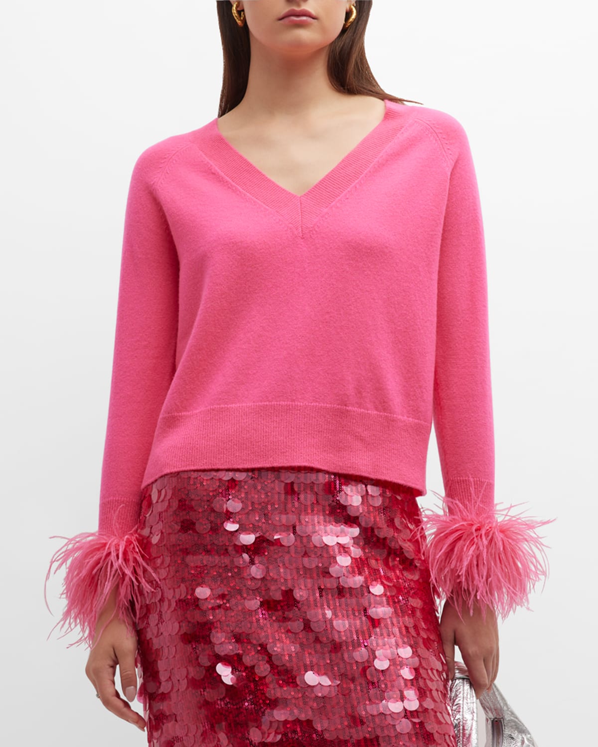 Milly Feather-trim Cashmere-blend Sweater In  Pink