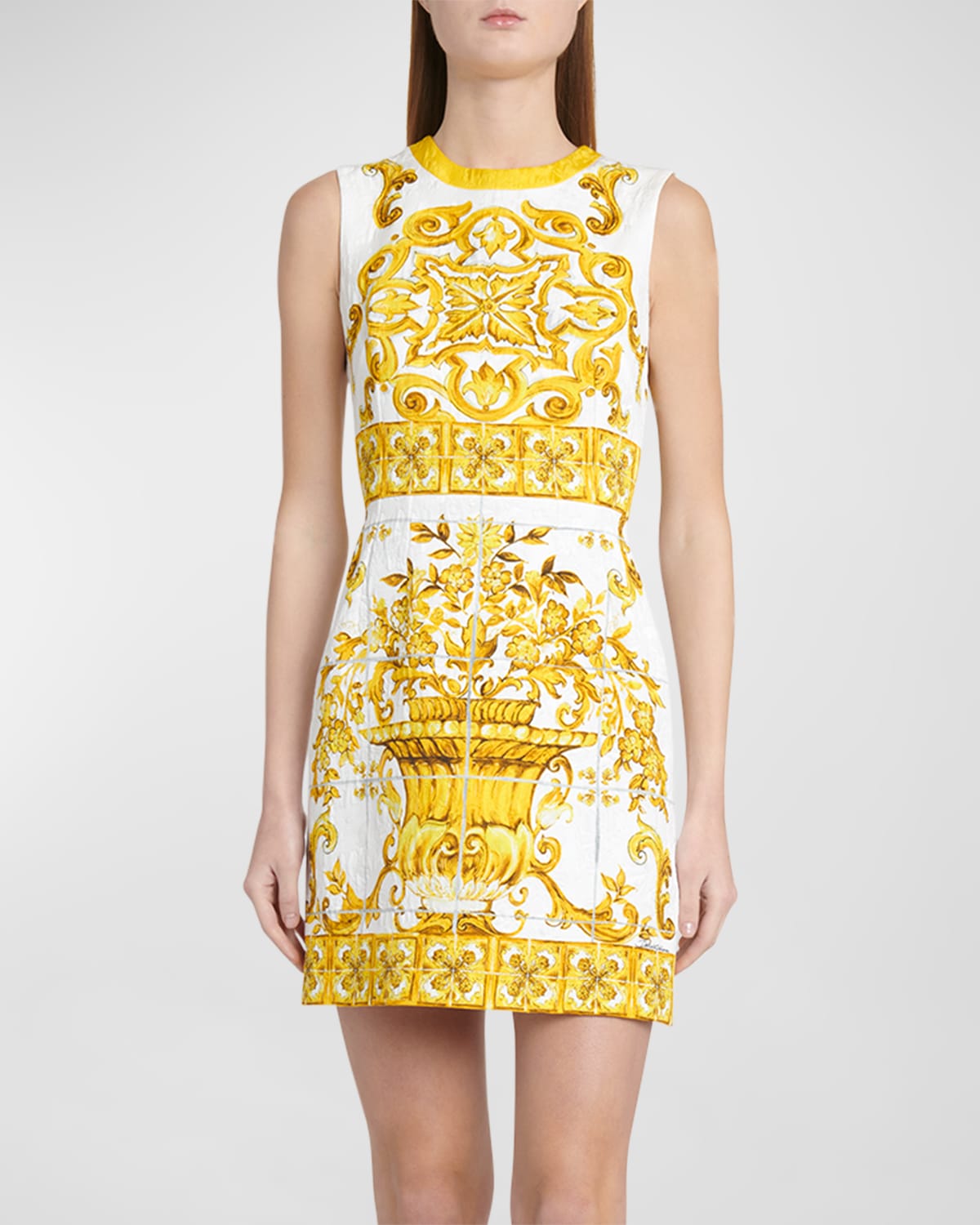 Shop Dolce & Gabbana Brocade Print Mini Dress In Yellow Prt