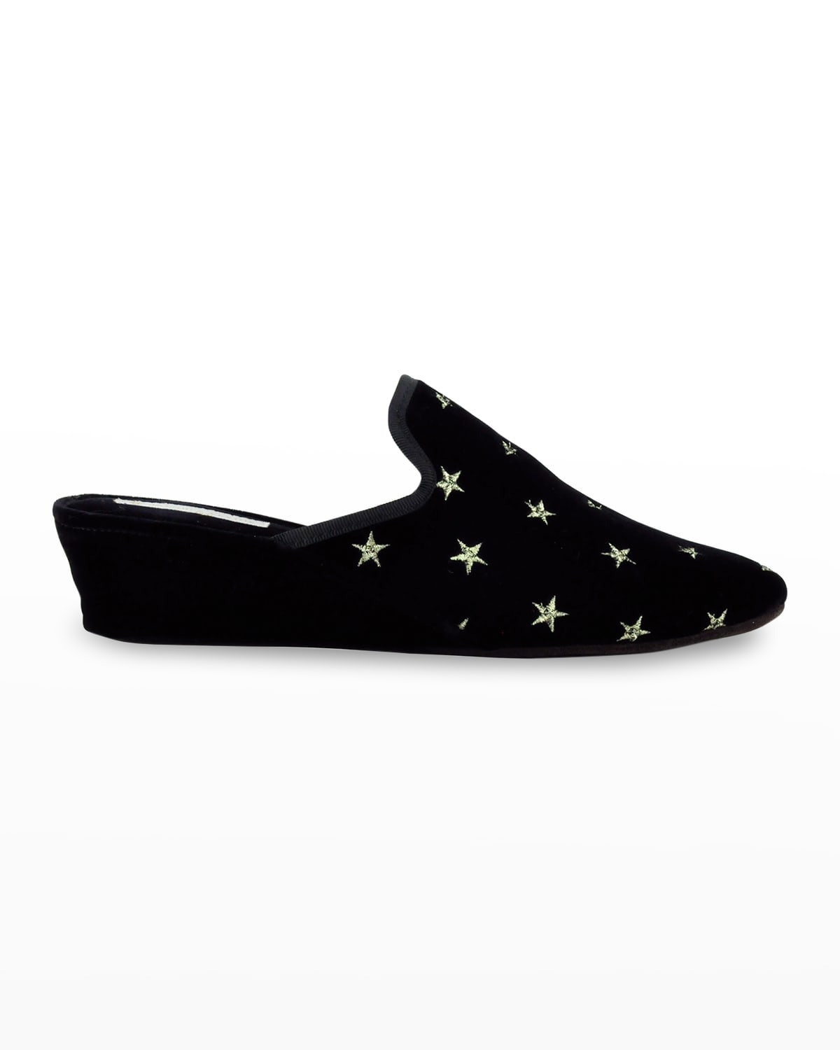 Jacques Levine Starry Velvet Star Wedge Slippers In Starry_black