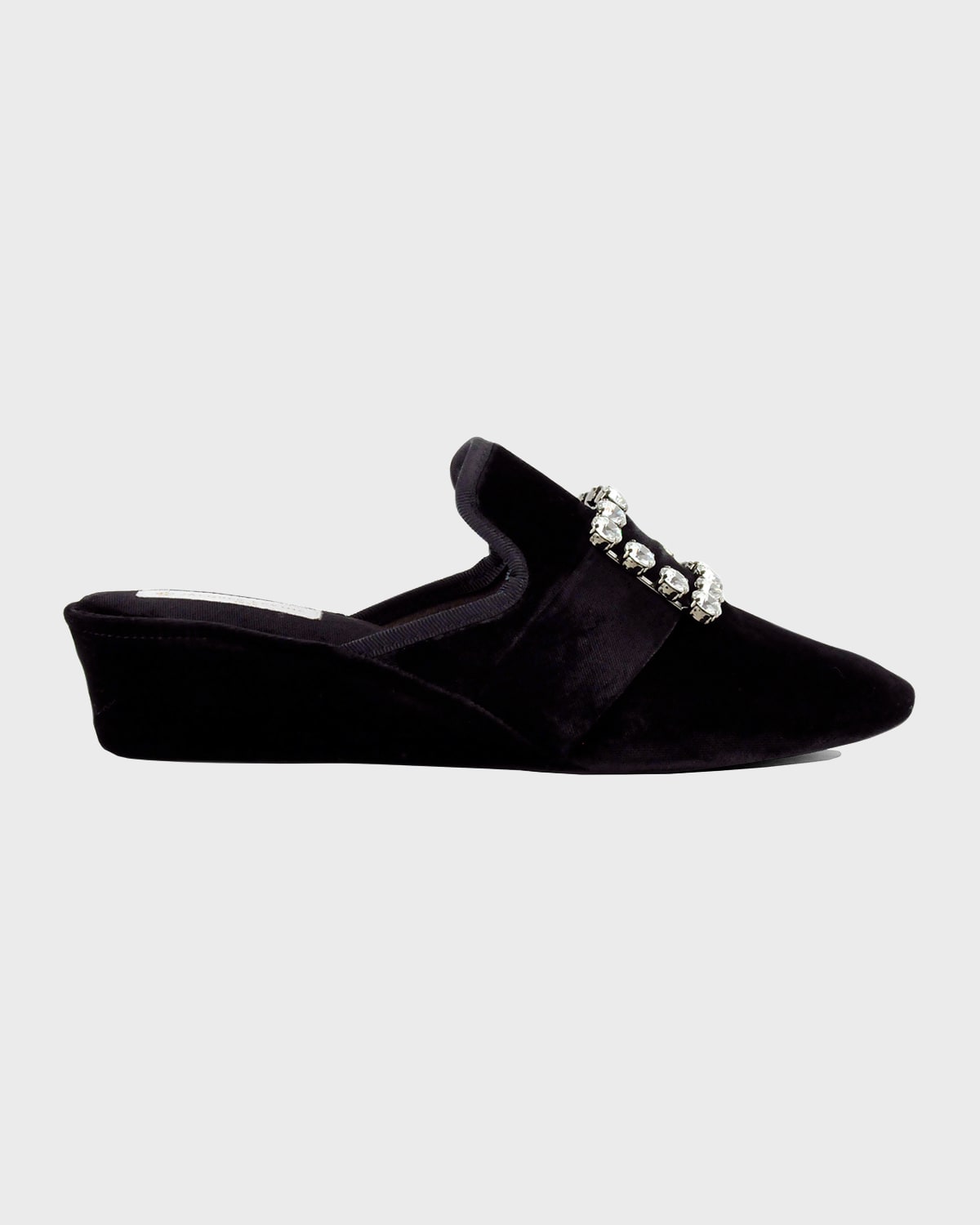 Jacques Levine Crystal Velvet Jewel Wedge Slippers In Crystal Black