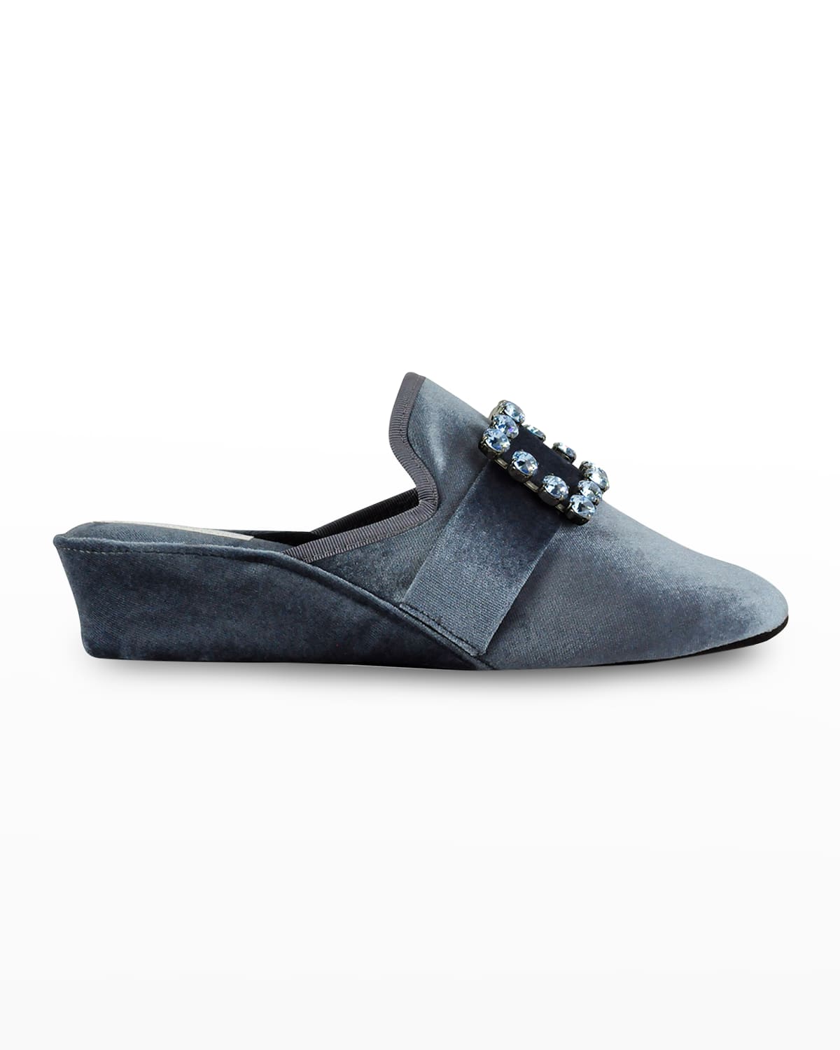 Jacques Levine Crystal Velvet Jewel Wedge Slippers In Crystal_grey