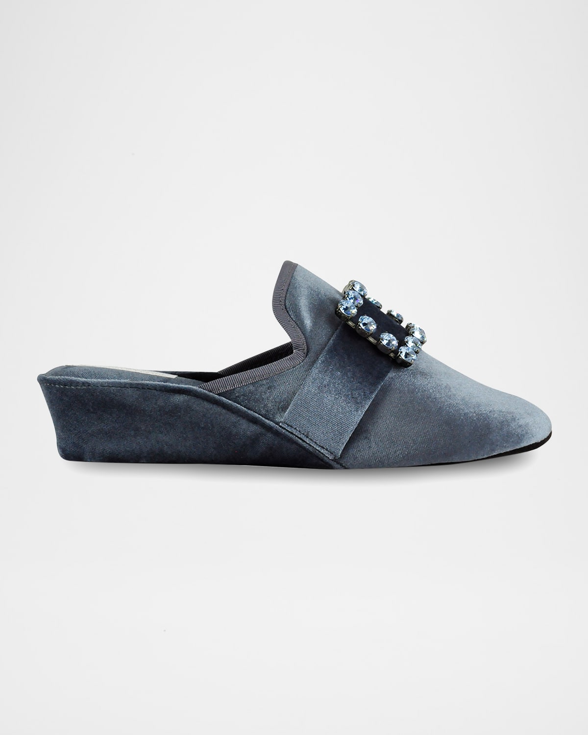 Jacques Levine Crystal Velvet Jewel Wedge Slippers In Crystal Grey