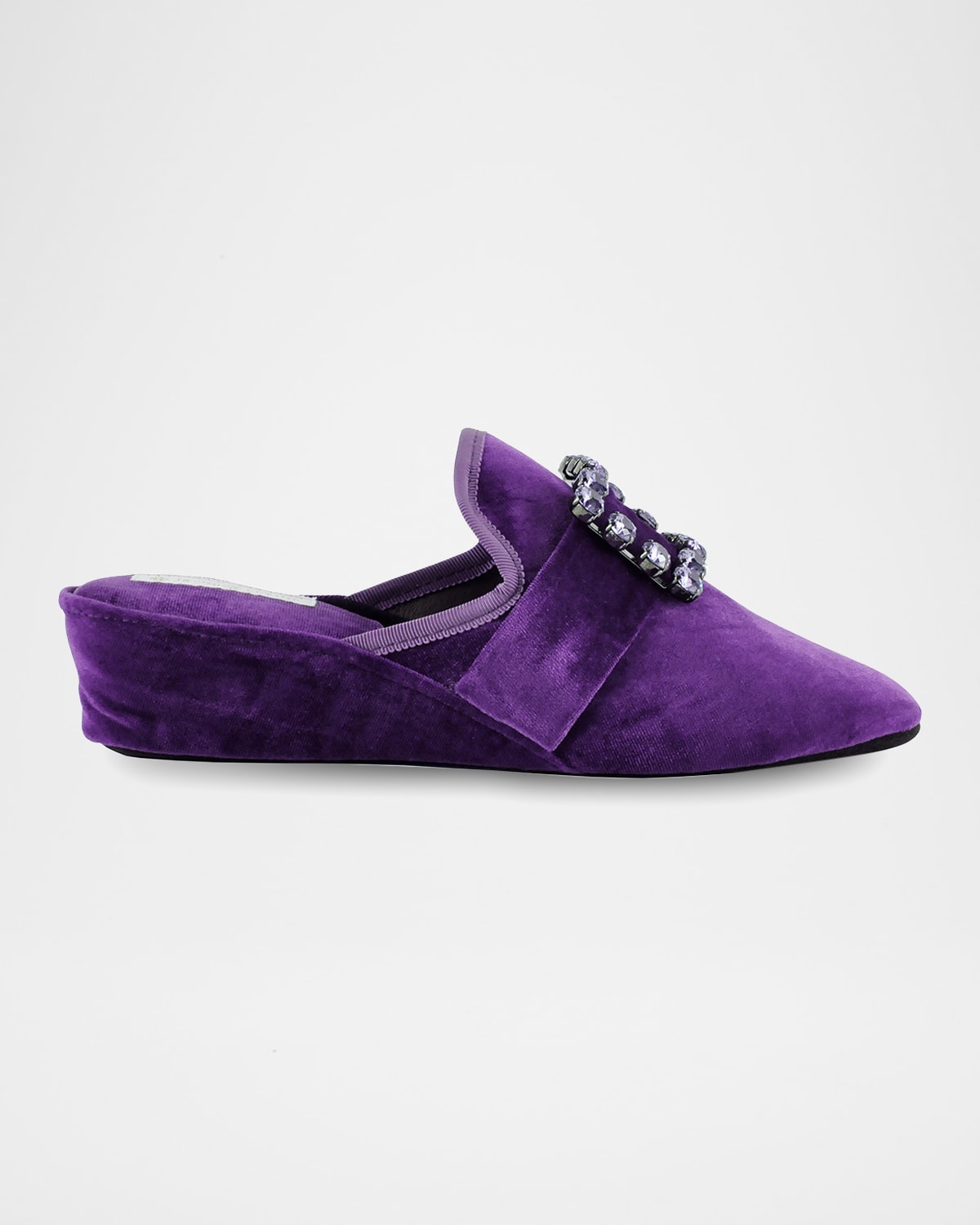 Jacques Levine Crystal Velvet Jewel Wedge Slippers In Crystal_purple