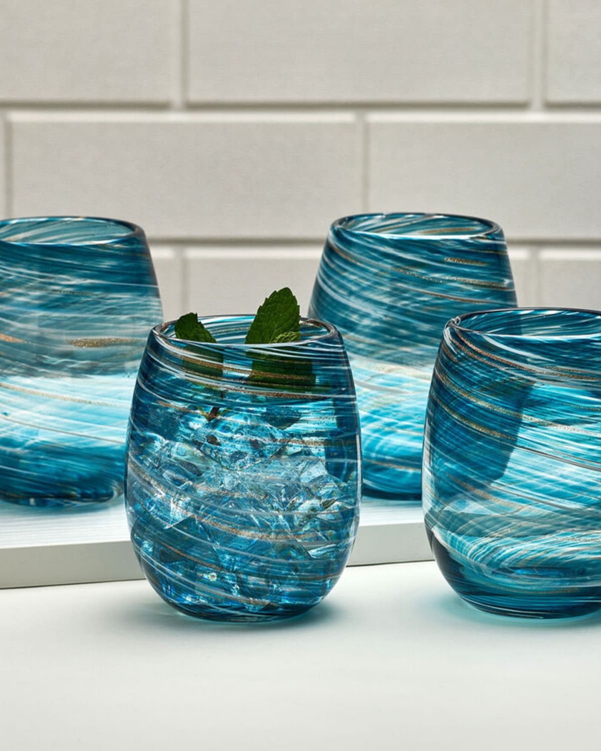 Shop Mikasa Color Swirl 16 Oz. Stemless Wine Glasses, Set Of 4 In Blue