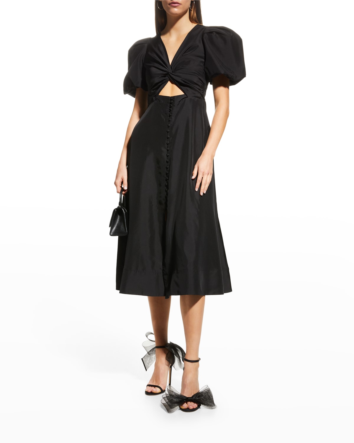 Darlene Twist-Front Puff-Sleeve Midi Dress