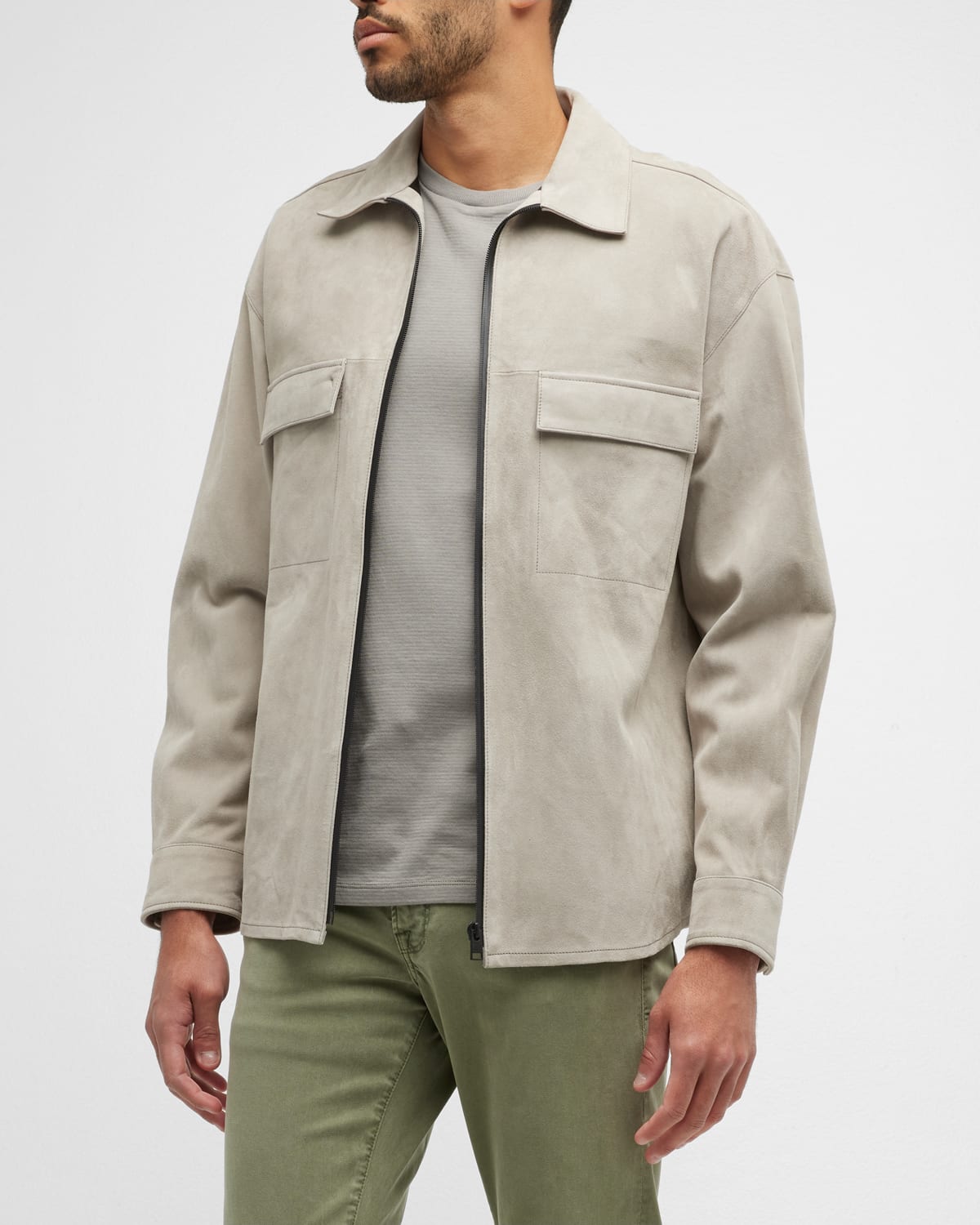 Frame Suede Zip-up Shirt Jacket In Smoke Grey