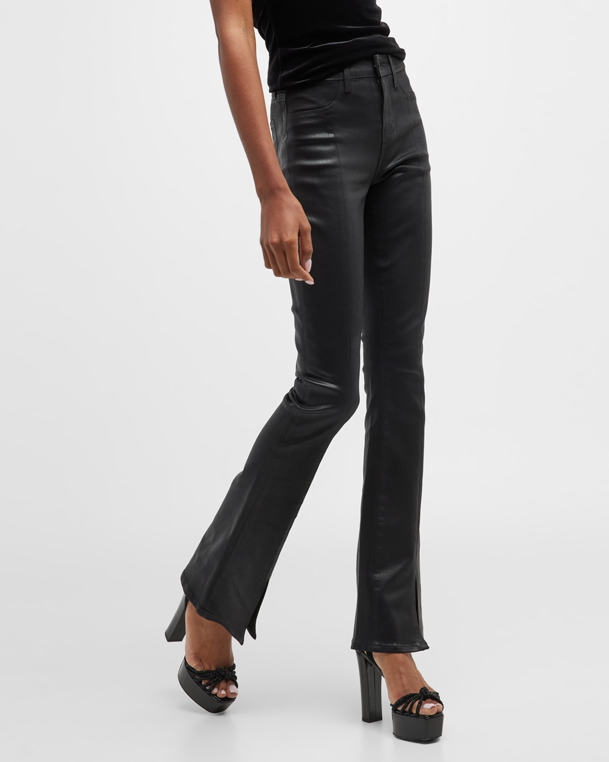 L Agence Beatrix Coated Split Hem Bootcut Jeans In Noir Coated