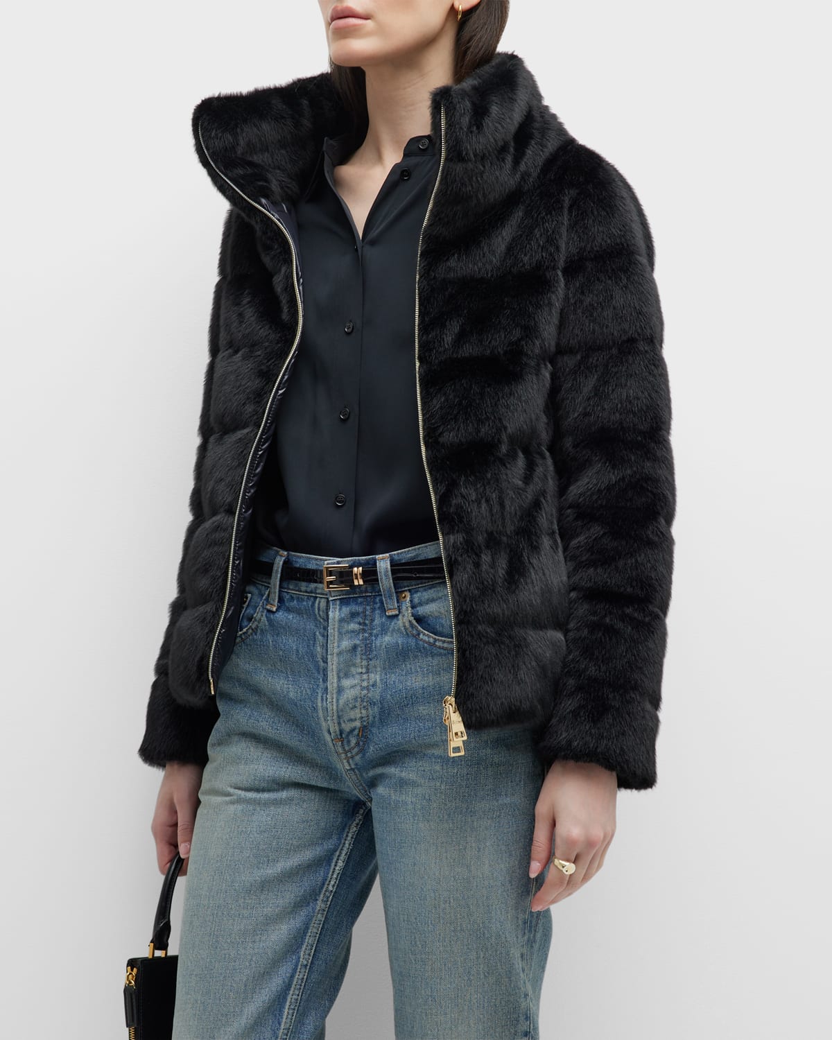 Herno Faux Fur Teddy Puffer In Black