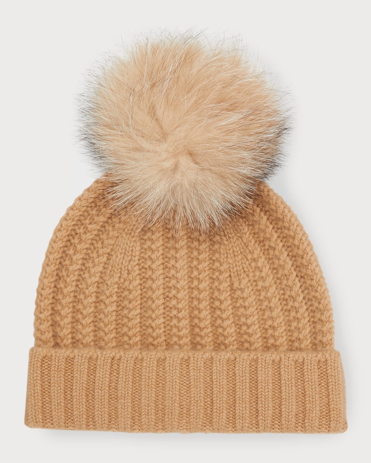 Chunky Ribbed Cashmere Beanie With Fur Pom