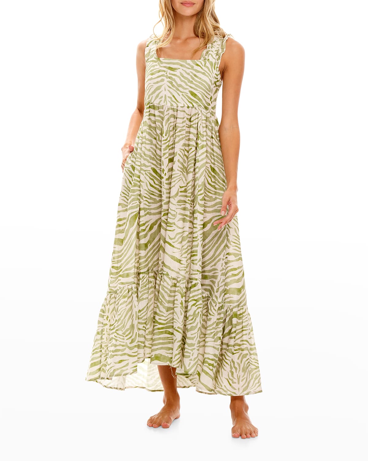 The Lazy Poet Mika Ruffle Zebra-print Linen Nightgown In Green