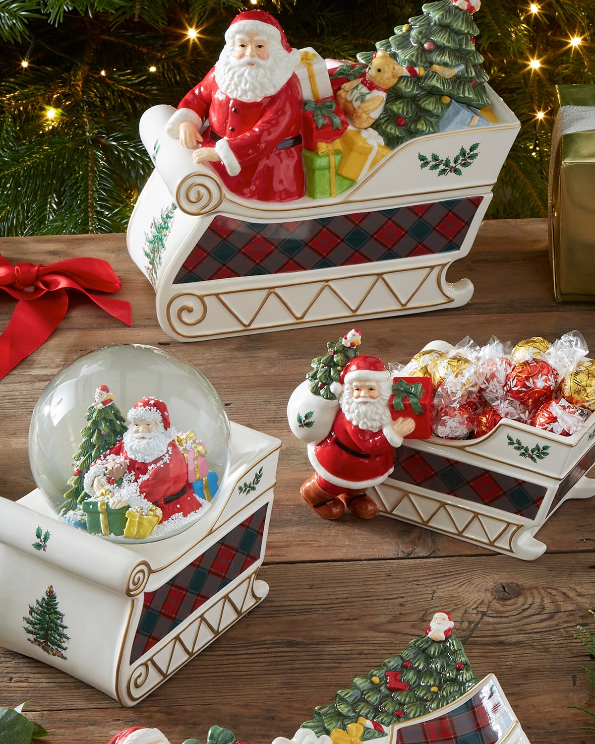 Shop Spode Christmas Tree Tartan Figural Santa Sleigh Candy Jar In Green