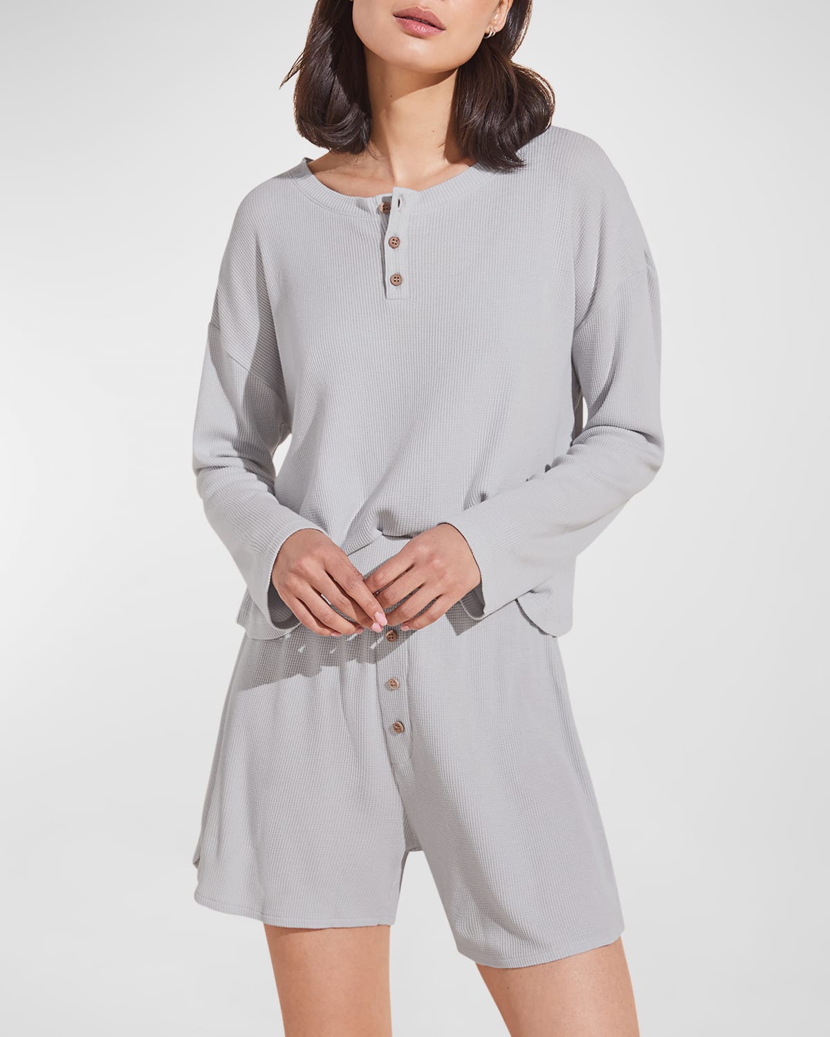 Long-Sleeve Waffle Henley Pajama Set