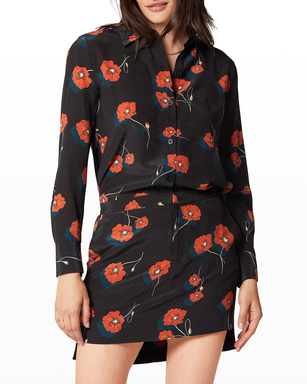Equipment Bradner Printed Silk Button-front Shirt In True Black Multi