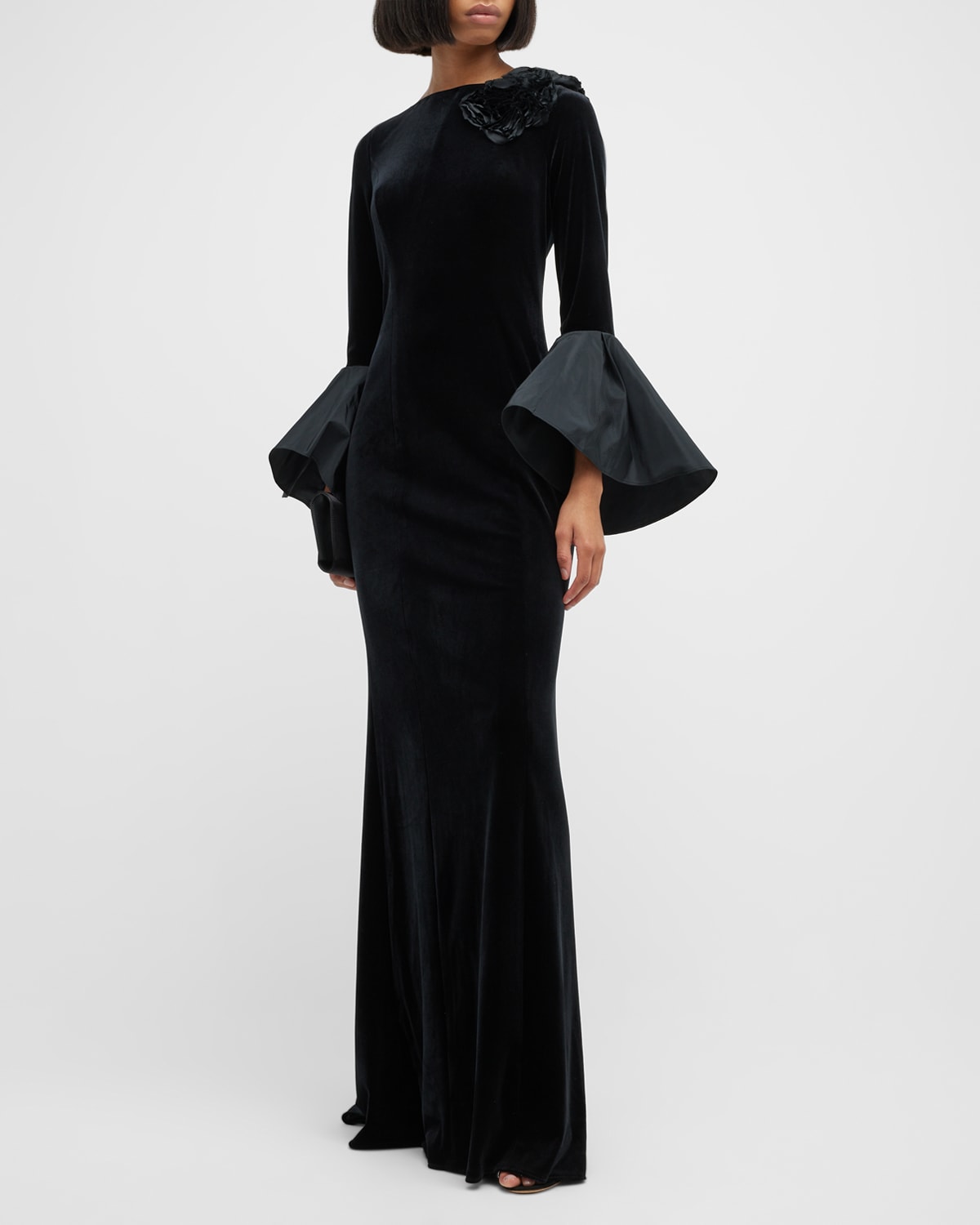 Rickie Freeman For Teri Jon Bell-sleeve Velvet Column Gown W/ 3d Flower ...