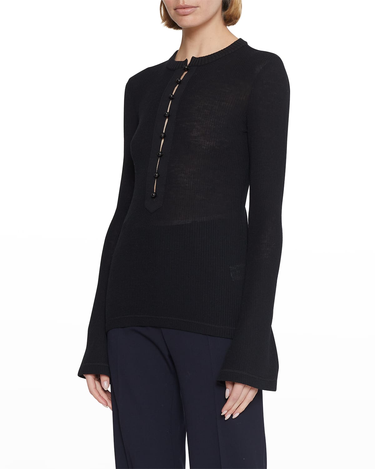 Chloé Flare-sleeve Half-button Rib Jersey Top In Black