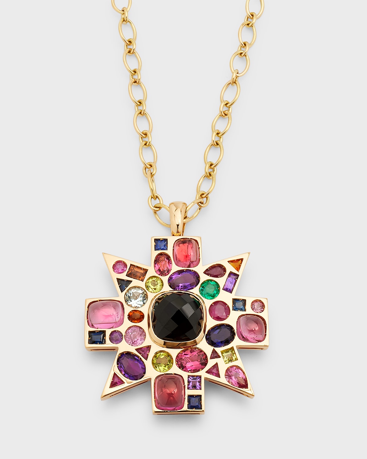 18K Yellow Gold Black Spinel, Rubellite and Colored Stone Byzantine Pendant-Brooch Necklace
