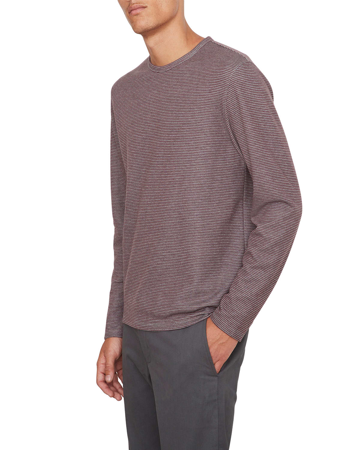 Vince Men's Stripe Long-sleeve Crewneck T-shirt In Med H Grey/beet R