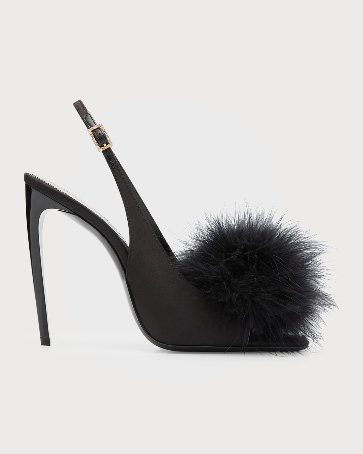 Saint Laurent Mae Slingback Sandals In Crepe Satin With Feathers In Nero - 1000