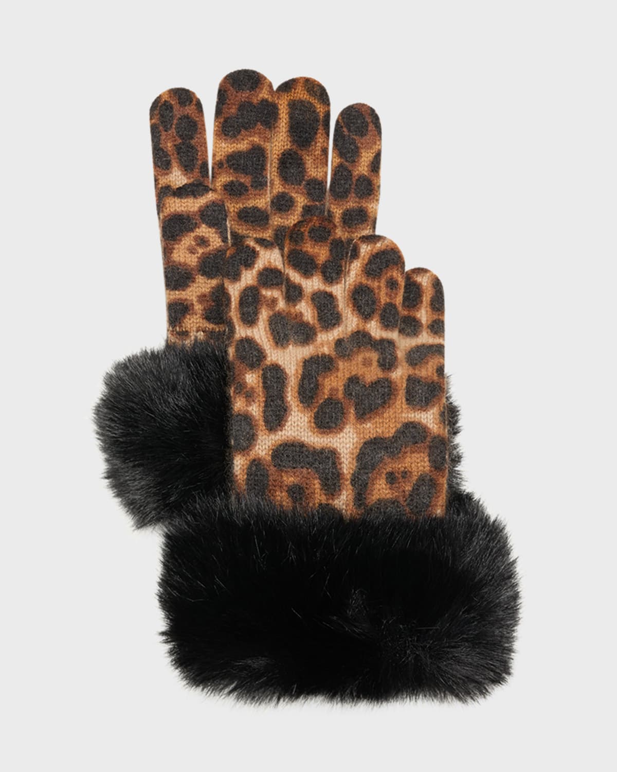 Leopard Print Cashmere Gloves w/ Faux Fur Cuffs