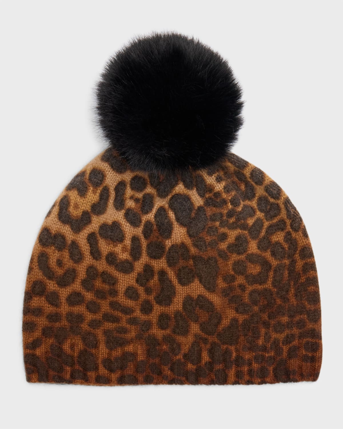 Women's Leopard-Print Knit Cashmere Beanie Hat with Fox Fur Pom | Overland