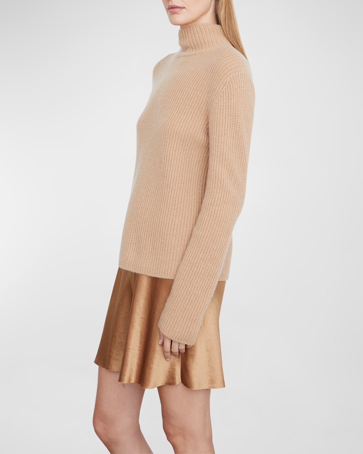 Vince Shaker Rib Turtleneck Cotton Sweater In H Camel