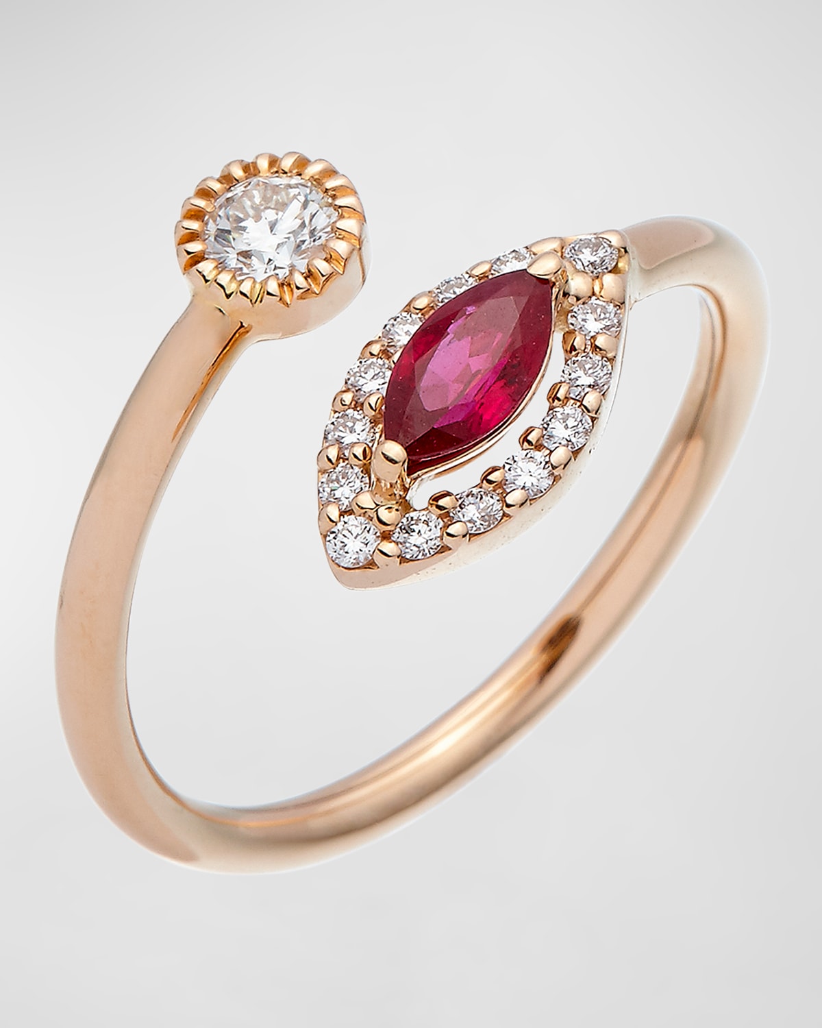 Positano 18k Rose Gold Diamond & Ruby Bypass Ring, Size 6