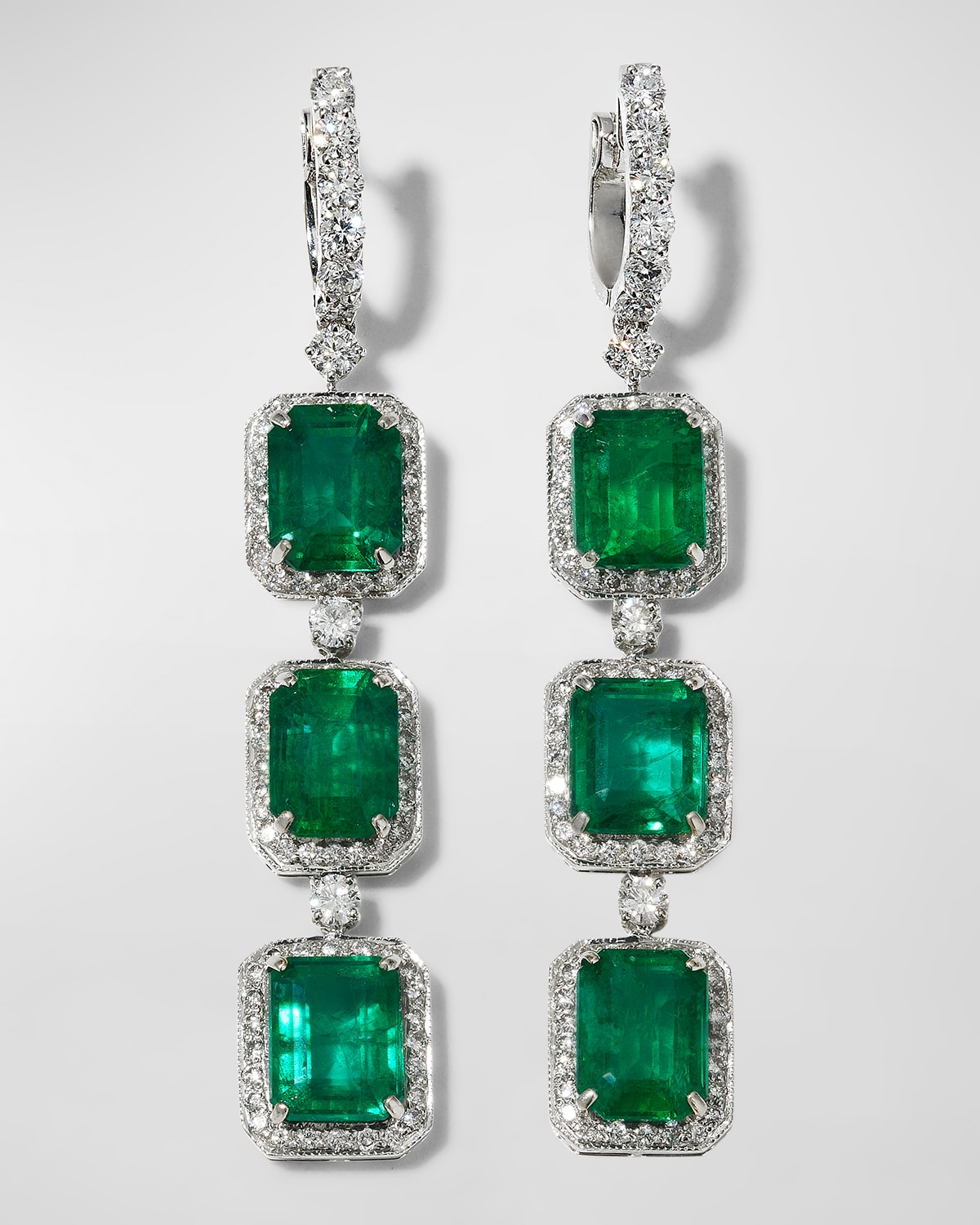 White Gold Emerald 3-Drop Earrings with Diamonds