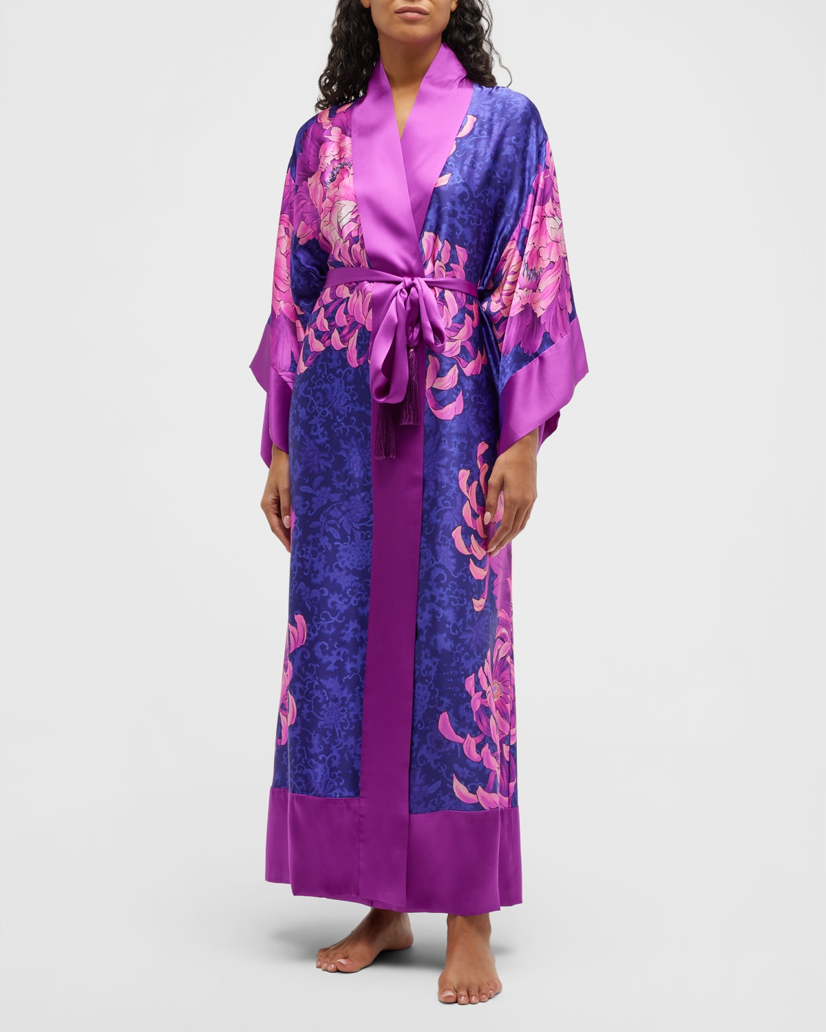 Josie Natori Sumida Floral-Print Tassel Silk Robe