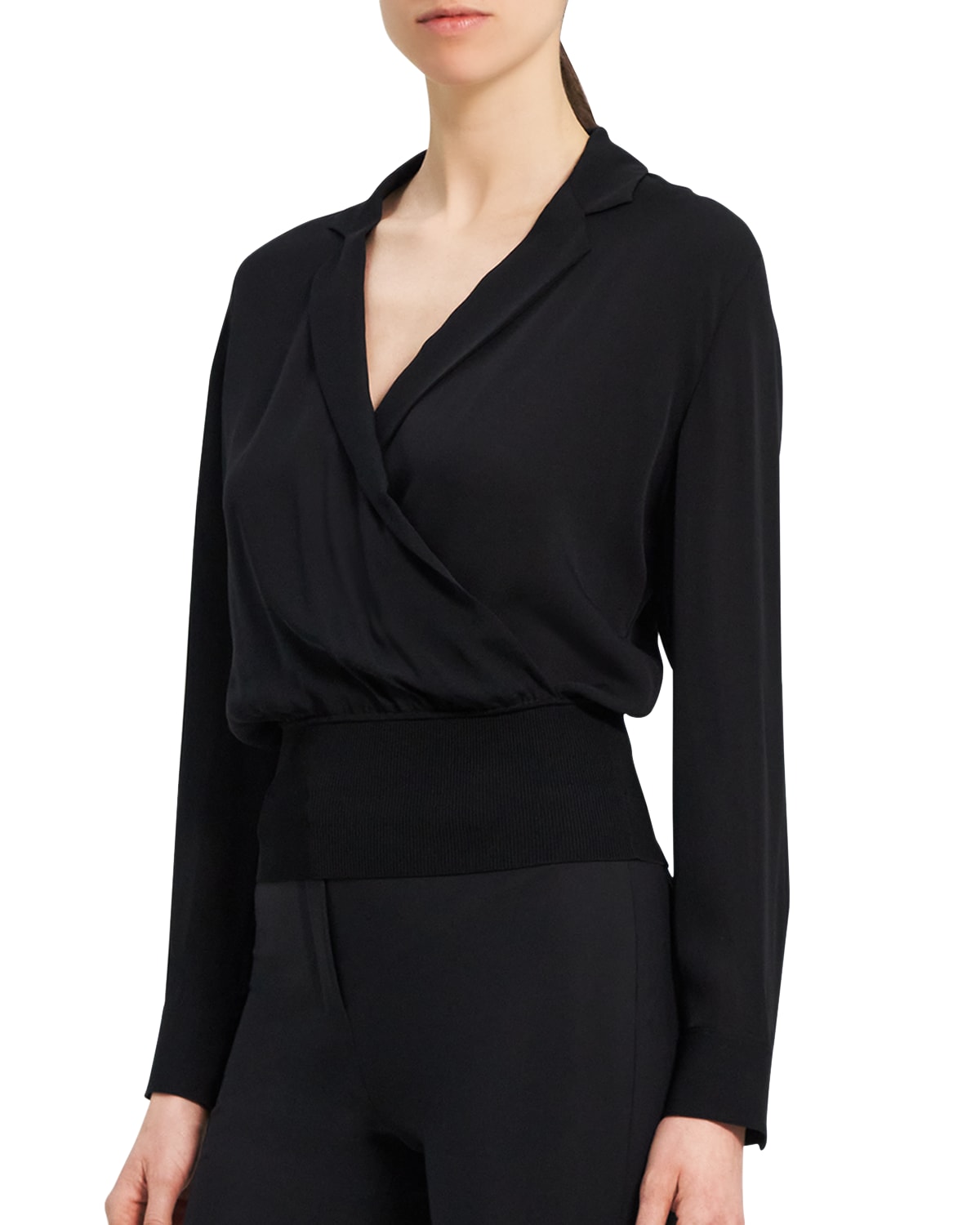 THEORY WRAP-FRONT LAPEL-COLLAR SILK BLOUSE