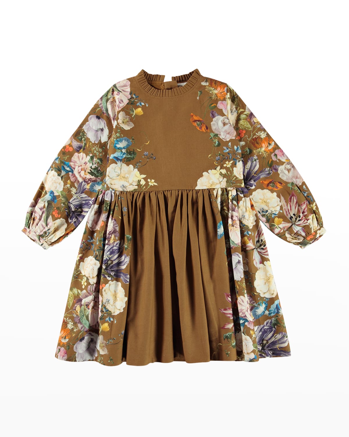 MOLO GIRL'S COMO WOVEN LONG-SLEEVE DRESS WITH FLORAL SIDES
