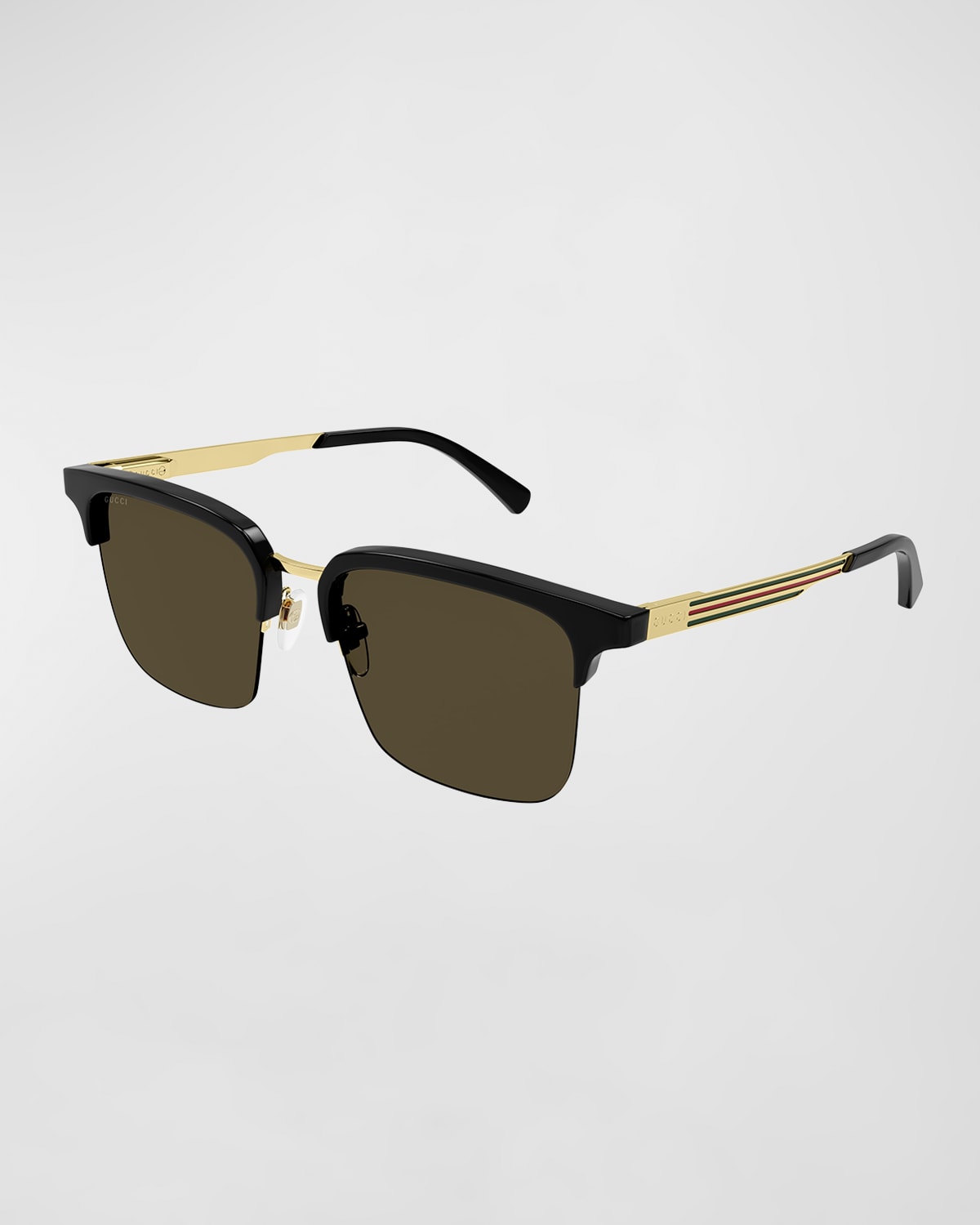 Shop Gucci Men's Half-rim Logo Stripe Rectangle Sunglasses In Shiny Black