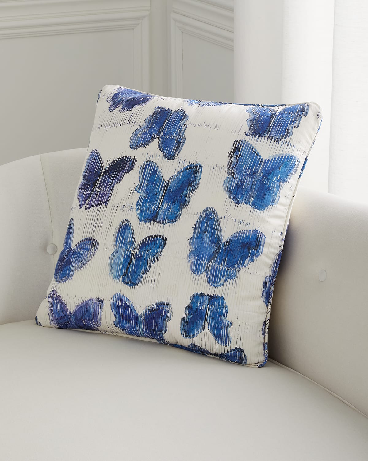 HUNT SLONEM BUTTERFLIES IN BLUE COTTON PILLOW, 22"