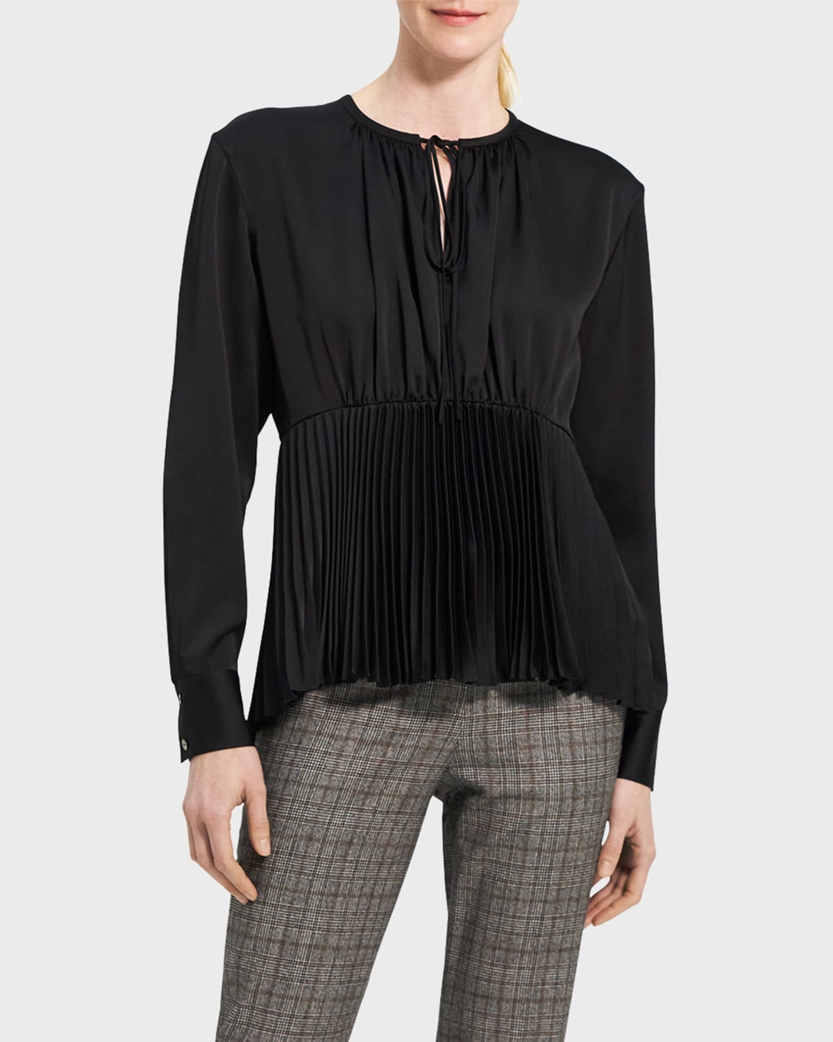 Theory Long-sleeve Pleated Keyhole Satin Blouse In Black