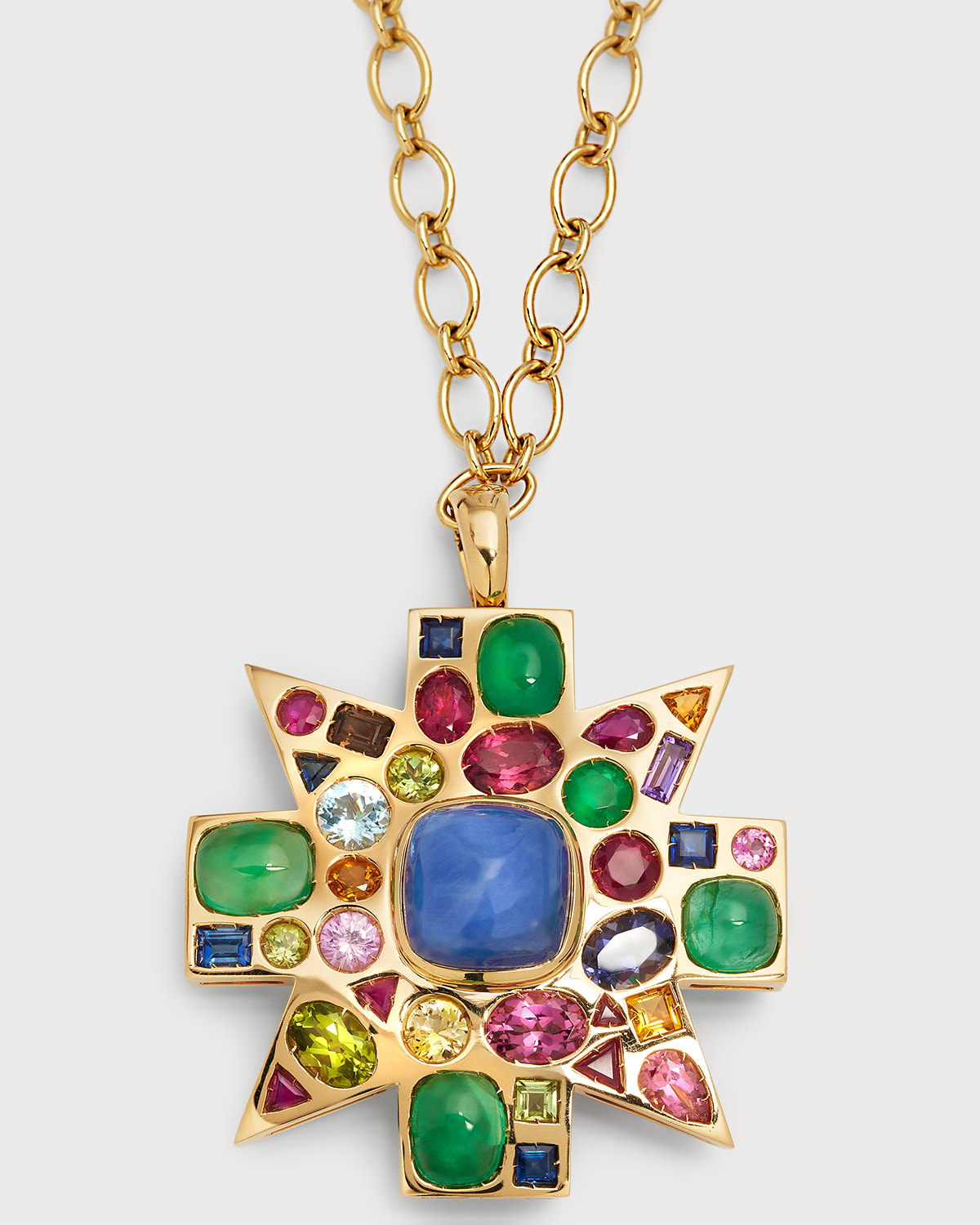 VERDURA 18K SAPPHIRE, EMERALD AND COLORED STONE "BYZANTINE" PENDANT BROOCH WITH NECKLACE CHAIN