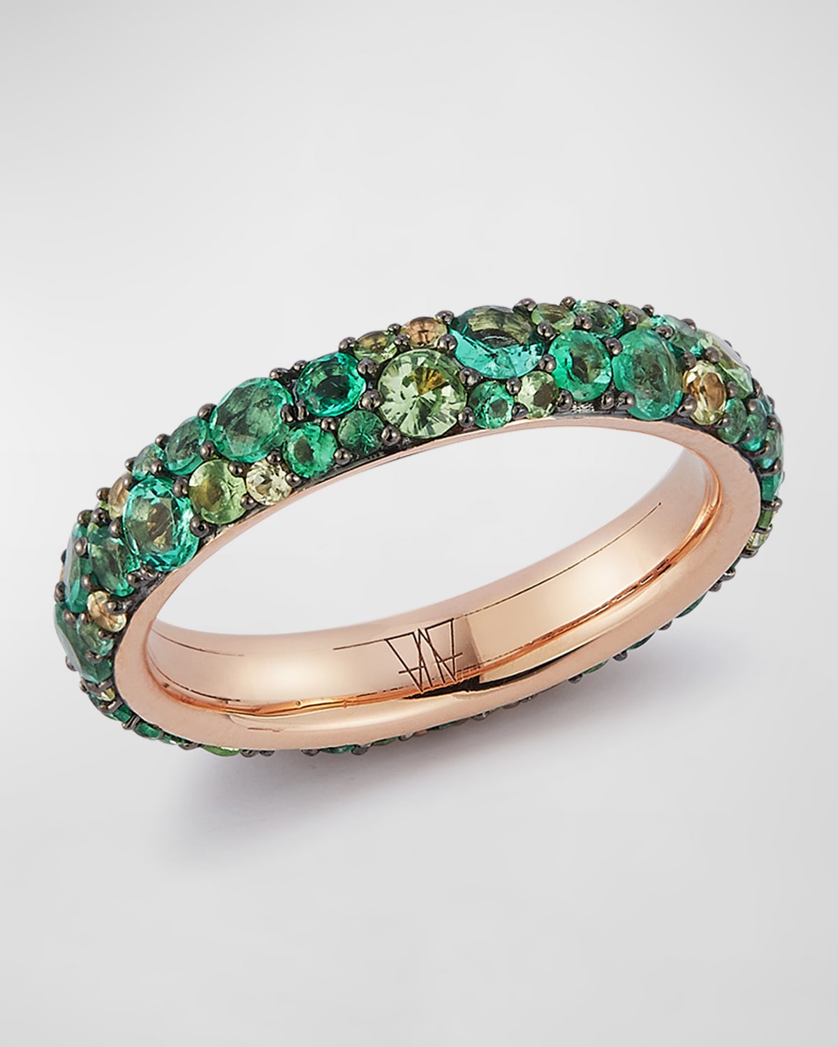 18K Rose Gold 3.5mm Band Ring with Green Emeralds, Size 6