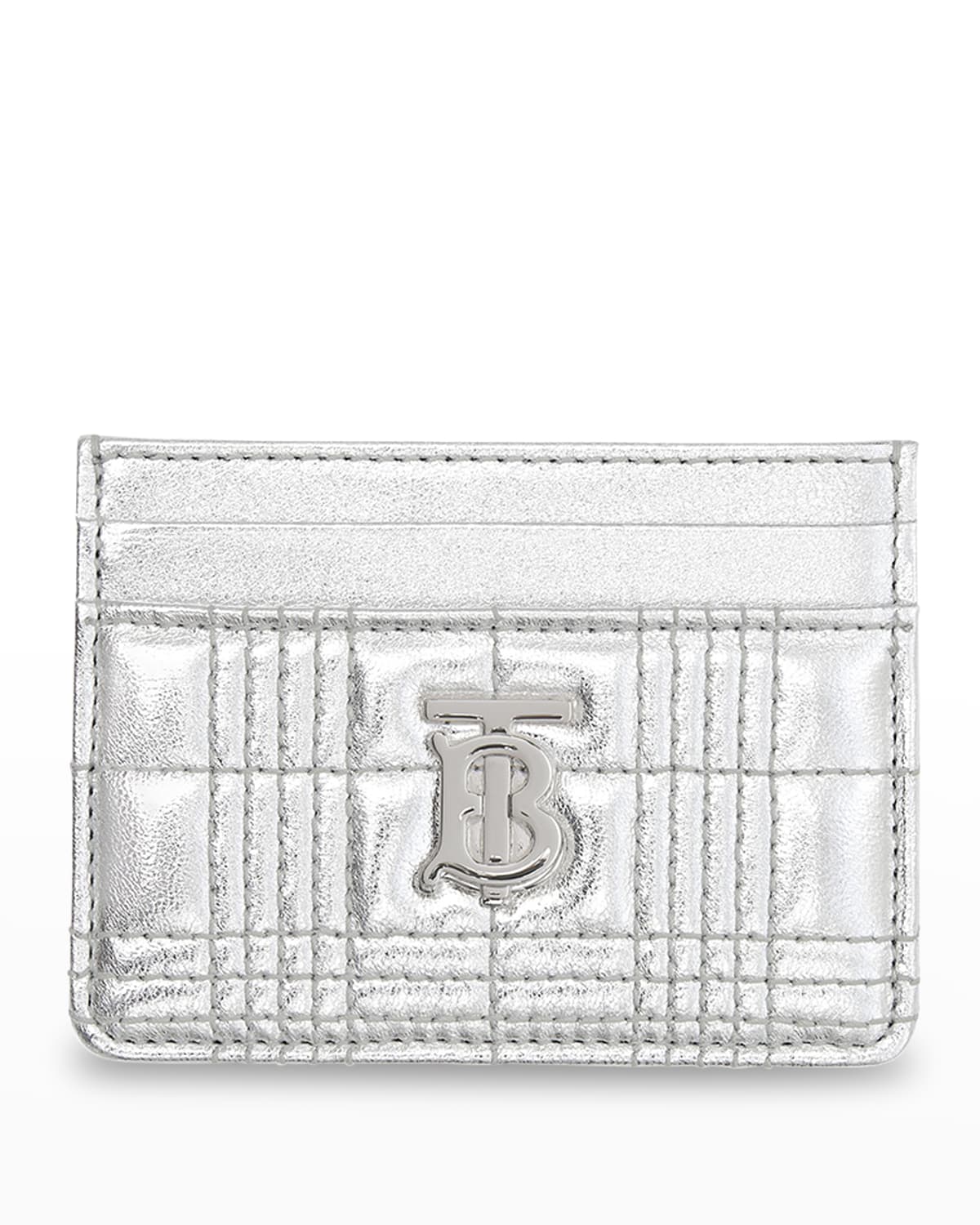 Lola Tb Quilted Metallic Leather Card Case In Silver