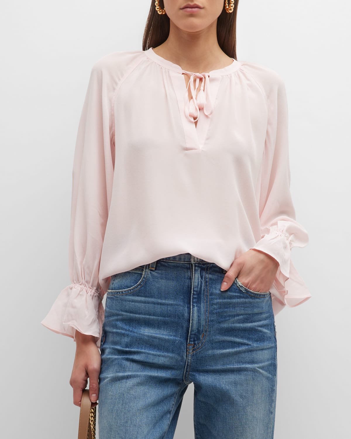 JOIE CECARINA RUCHED BELL-SLEEVE TASSEL TOP
