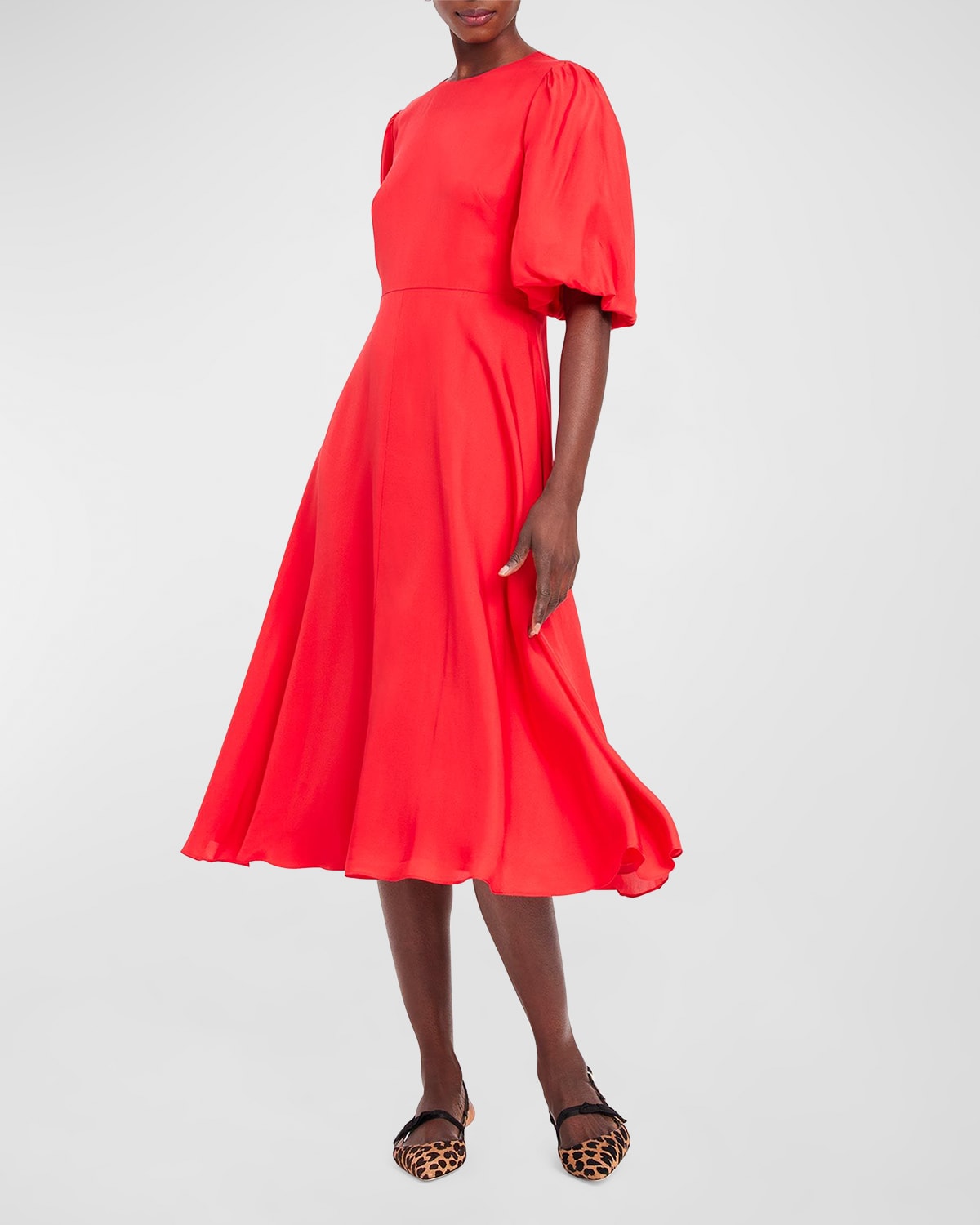 matinee puff-sleeve twill midi dress