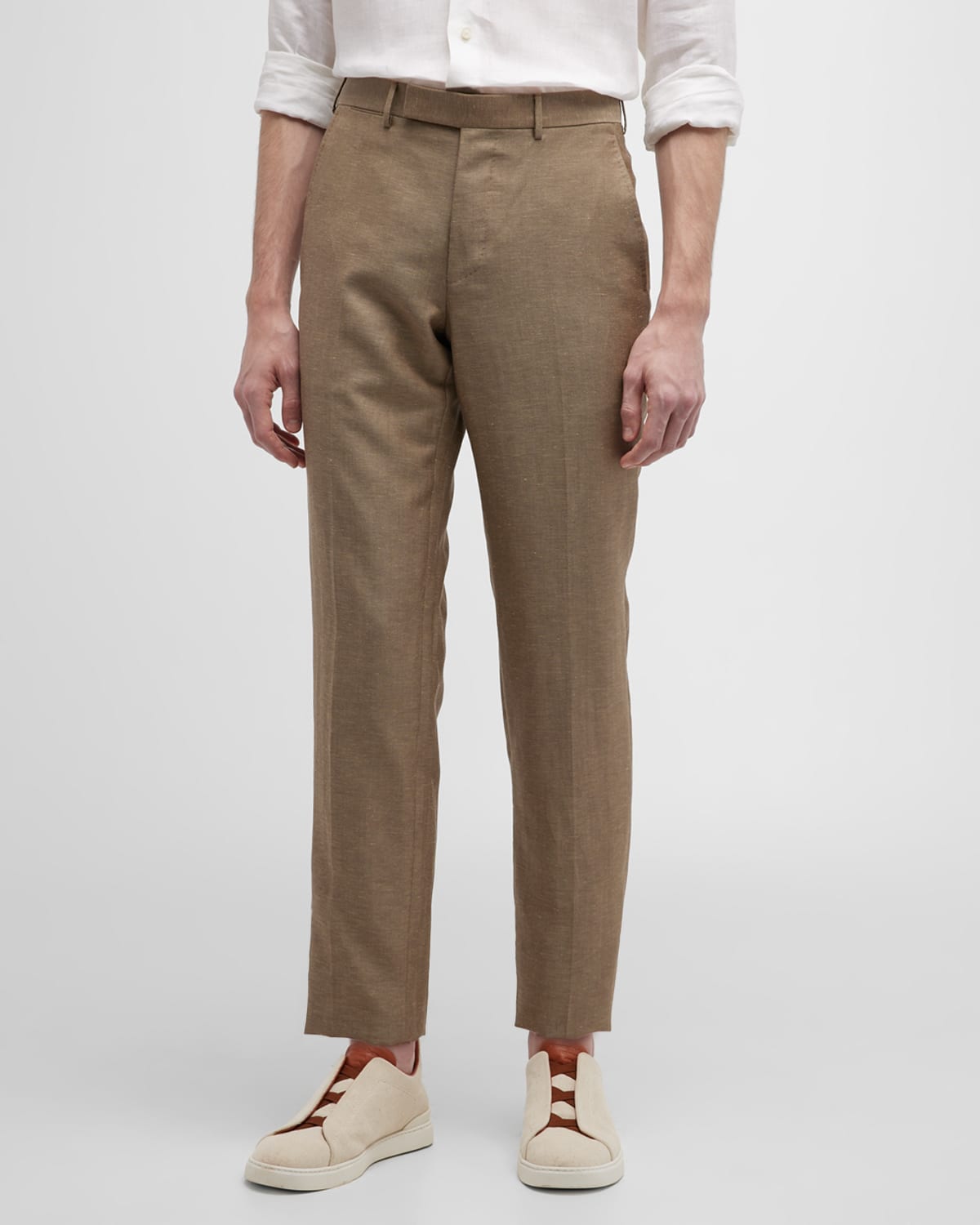 Zegna Light Military Green Trofeo Summer Wool And Linen Trousers In Medium Beige Sld