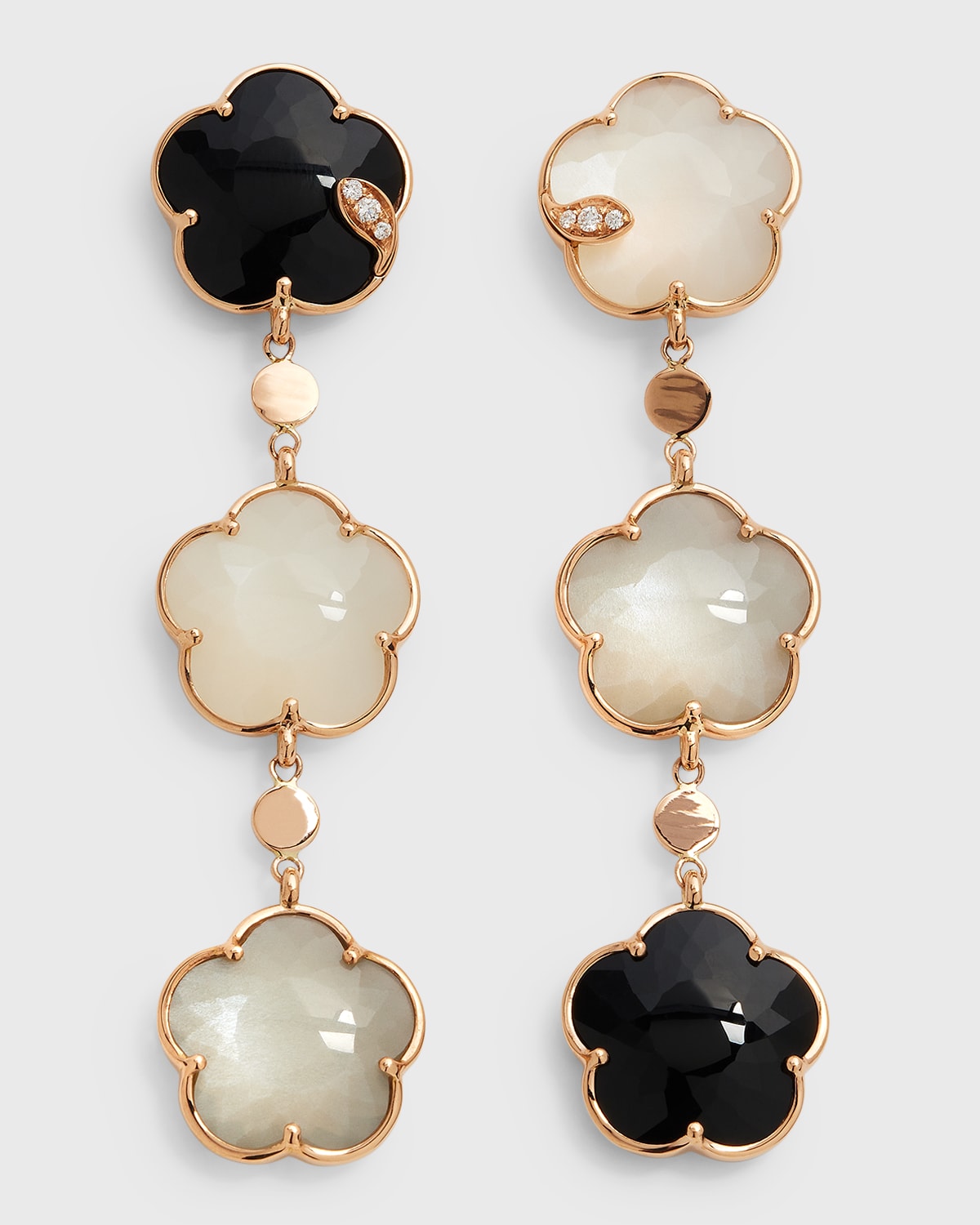 Bouquet Lunaire Chandelier Earrings in 18k Rose Gold with Grey and White Moonstone, Onyx and White Diamonds