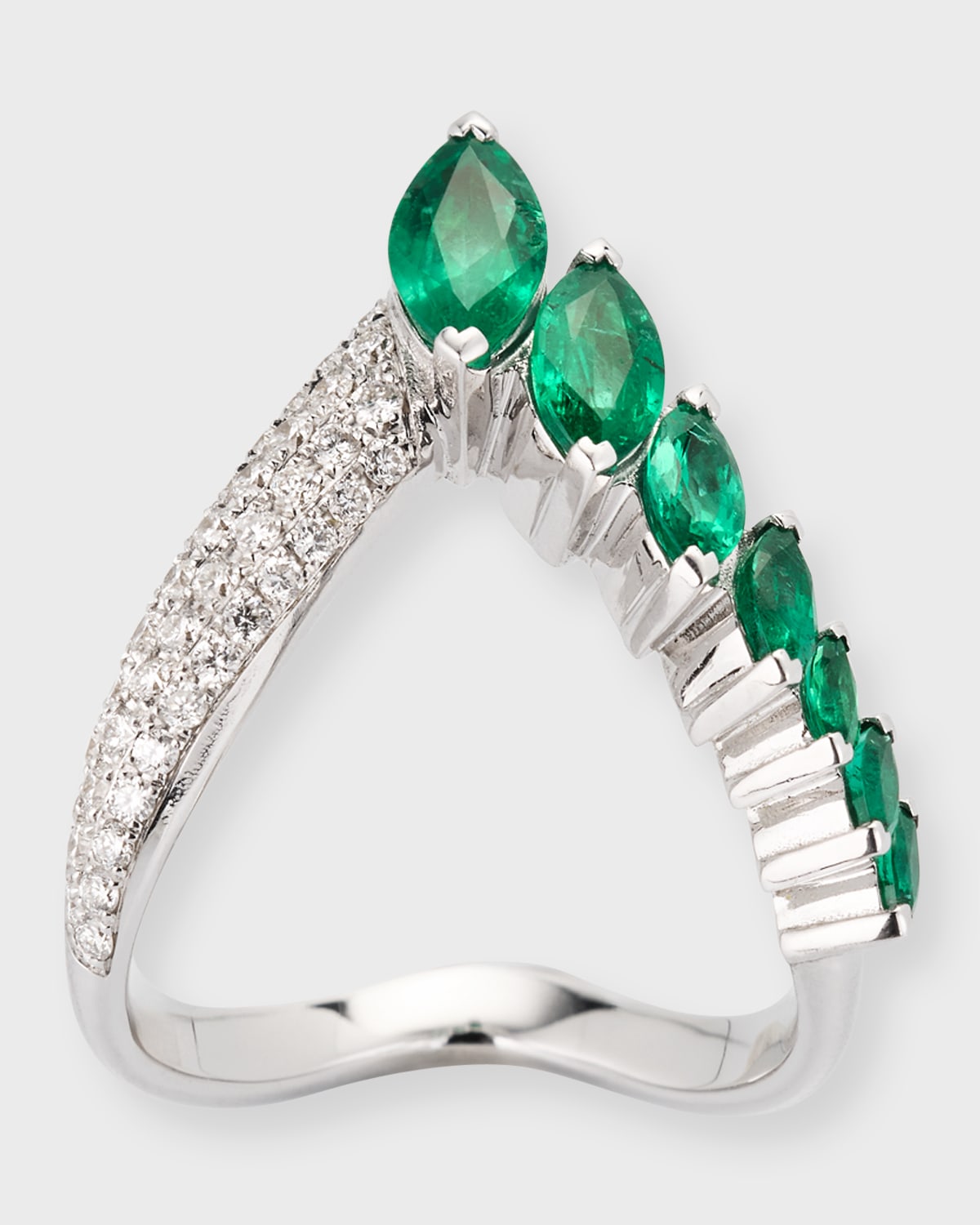 18K White Gold Oui Ring with Marquise Emeralds and Pave White Diamonds