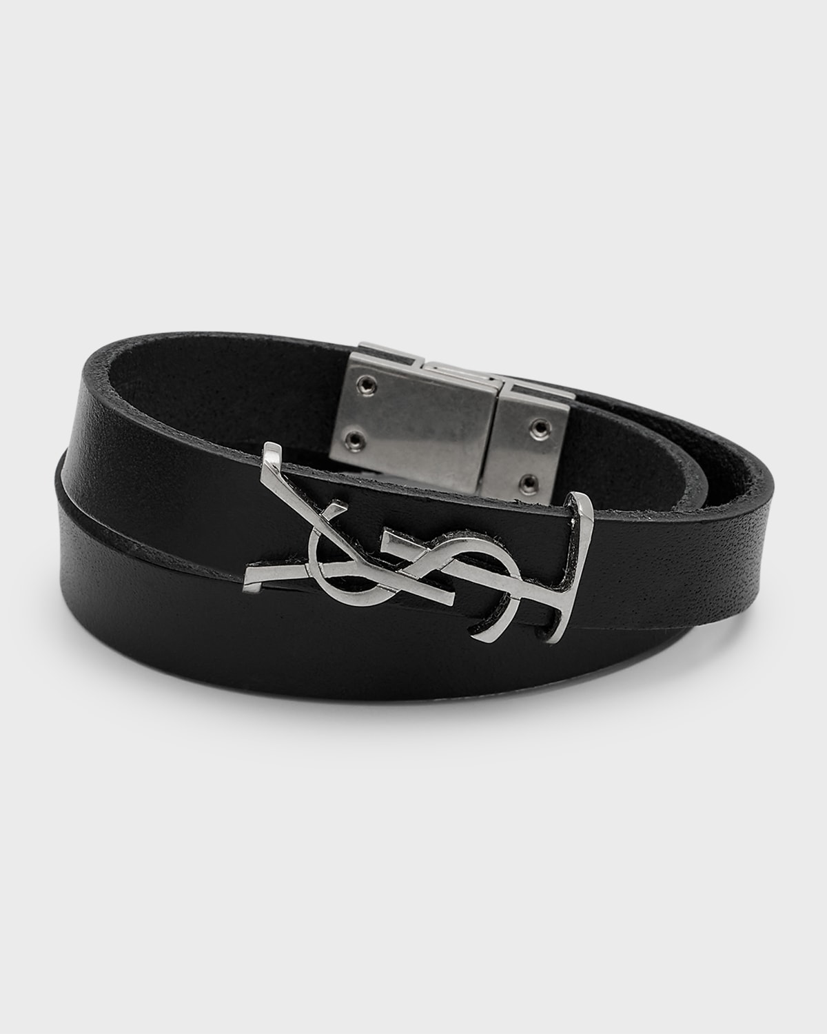 Saint Laurent Leather YSL Monogram Double-Wrap Bracelet, 6-7"L