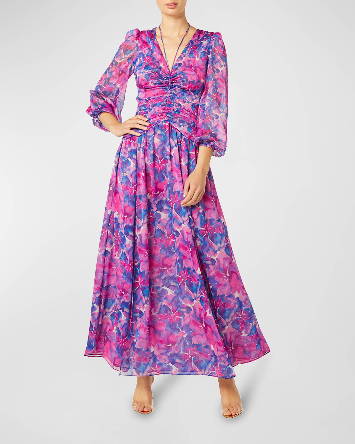 Misa Imelda Halter Floral Chiffon Maxi Dress In Watercolor Blues