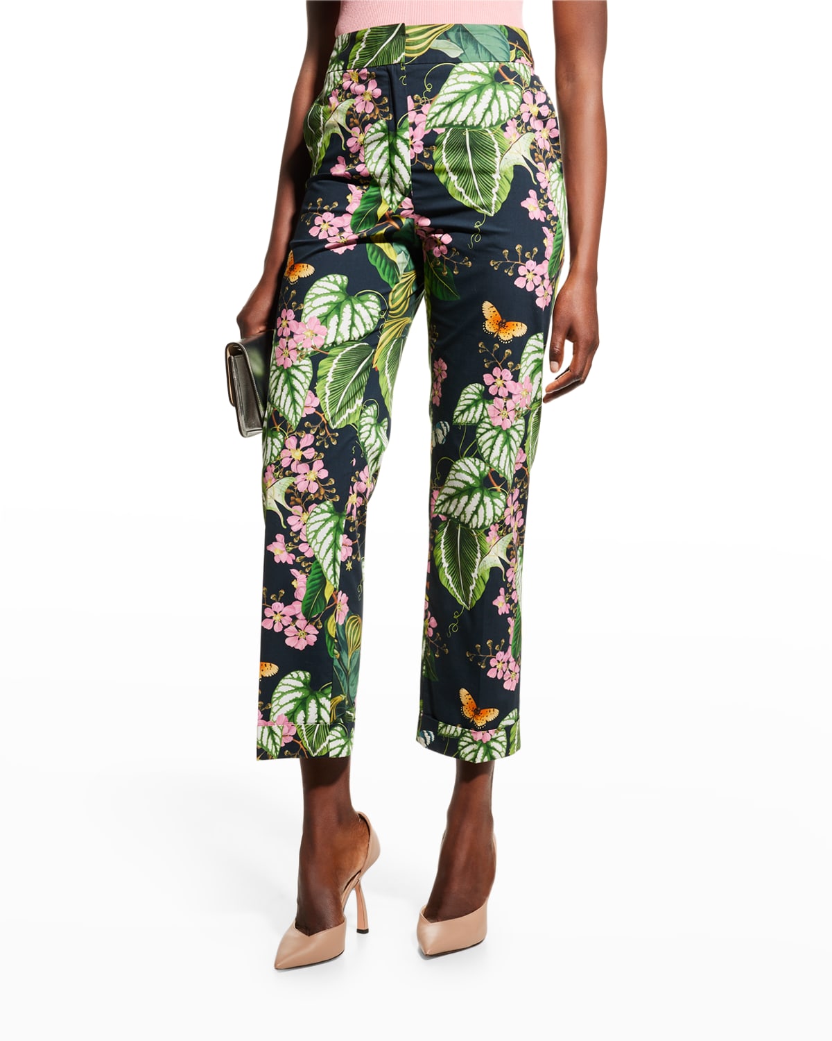 OSCAR DE LA RENTA BOTANICAL-PRINT SLIM-LEG ANKLE POPLIN PANTS