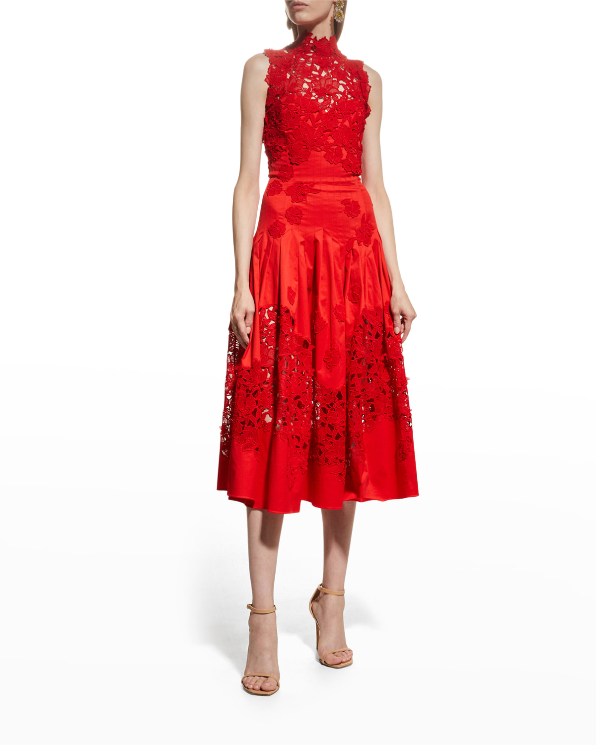 Oscar De La Renta Guipure Lace Midi Dress In Scarlet