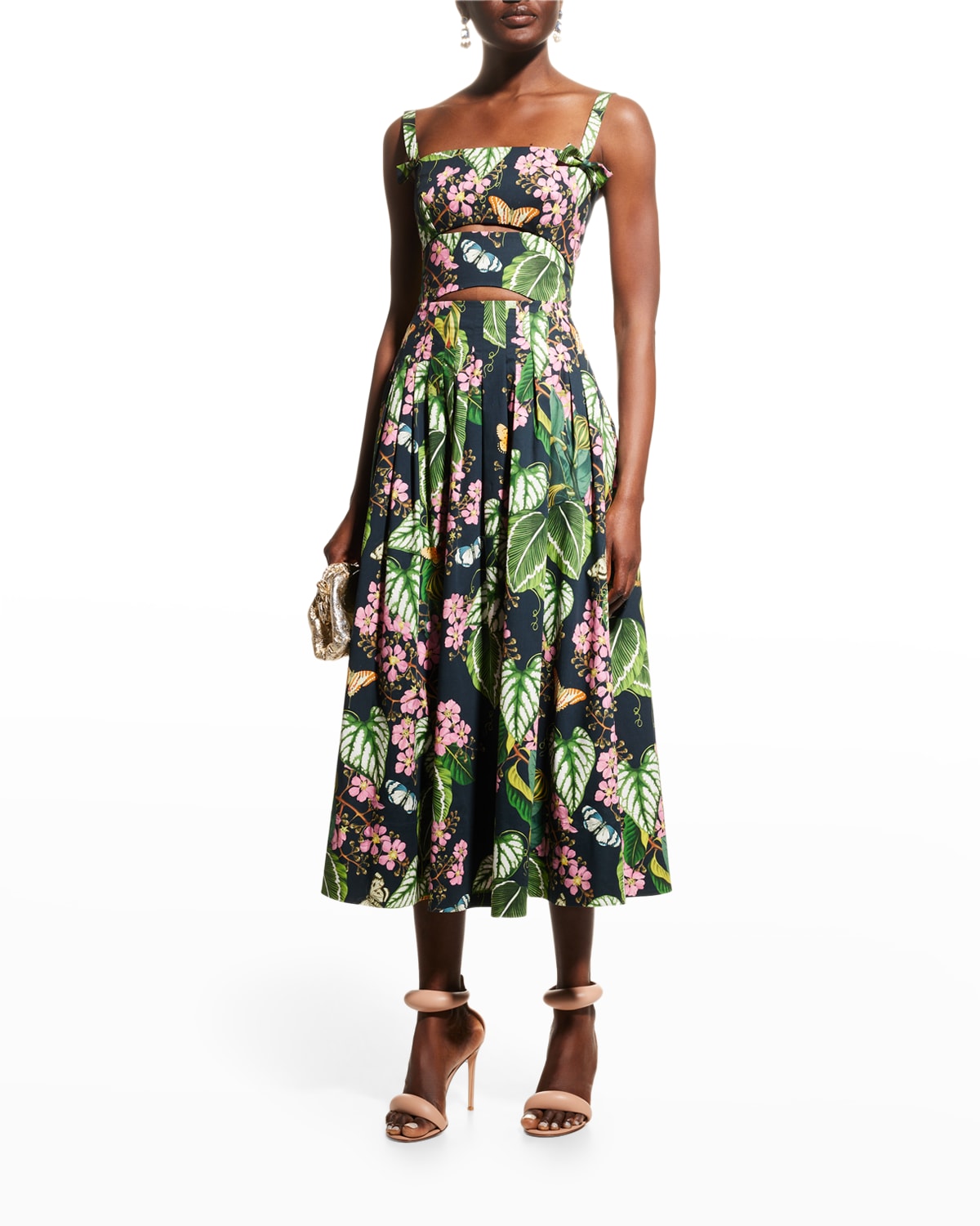 Oscar De La Renta Pleated Botanical Print Cutout Stretch Cotton Midi Dress In Navy Multi