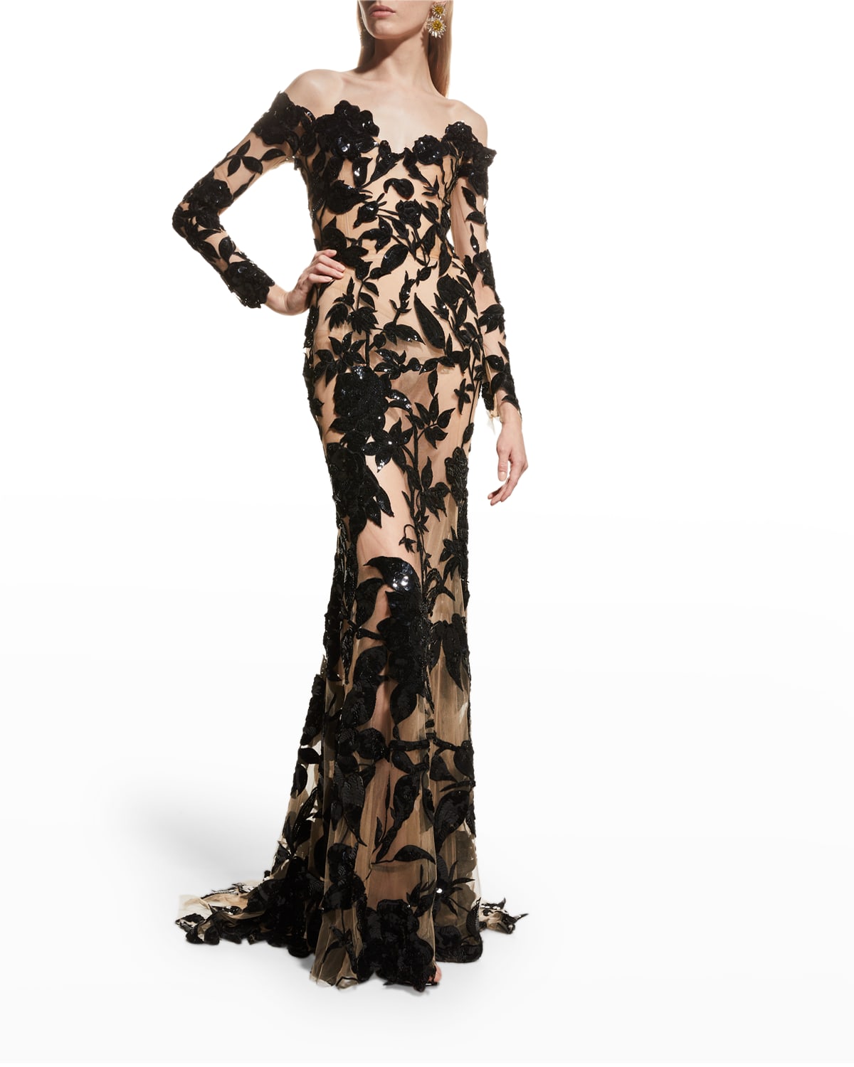 Oscar de la Renta Floral-Sequin Embroidered Evening Gown